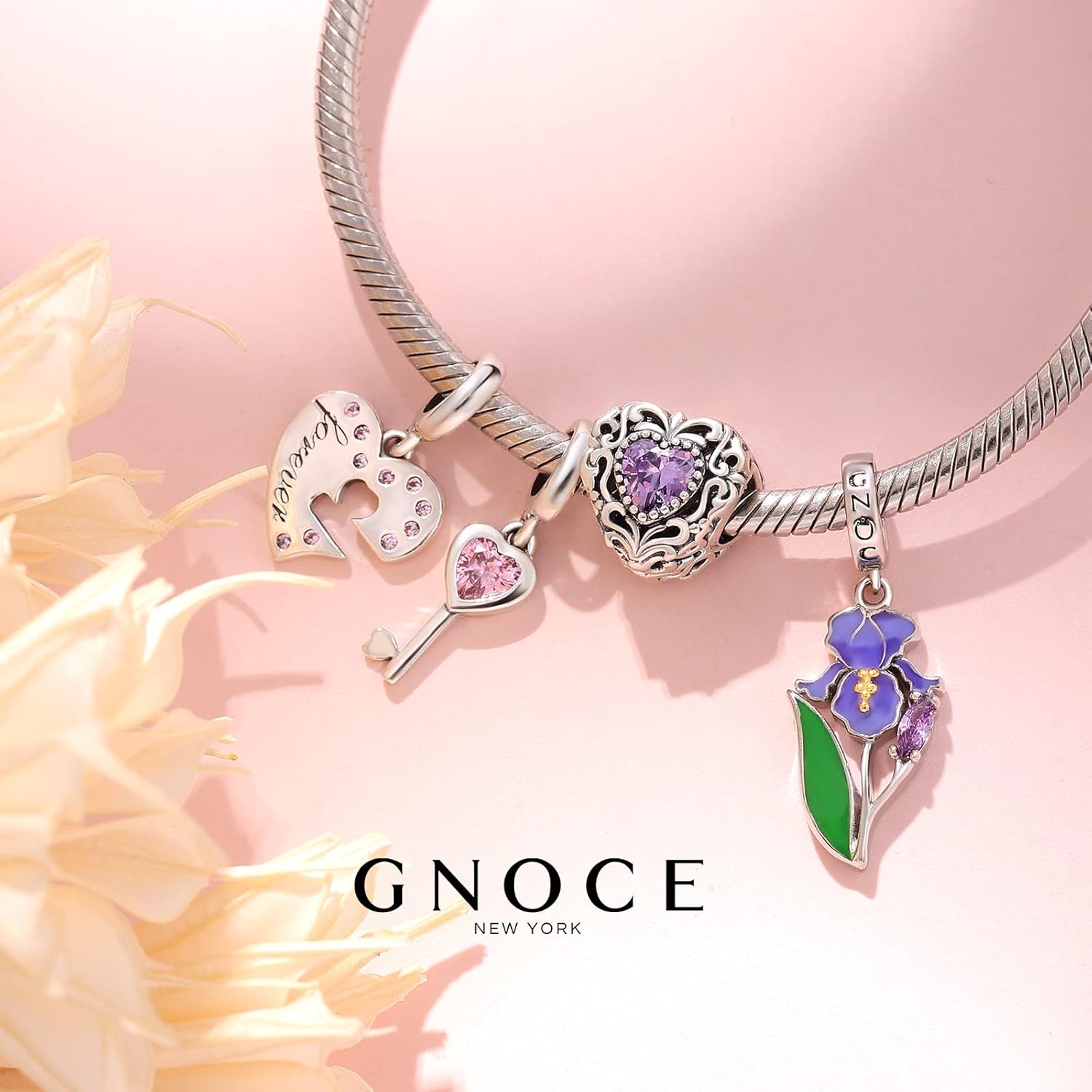 GNOCE Sunflower Pendant Charms 925 Sterling Silver Purple Iris Flower Dangle Charm for Bracelets/NecklaceJewelry Gift For Women Wife (Iris Flower)