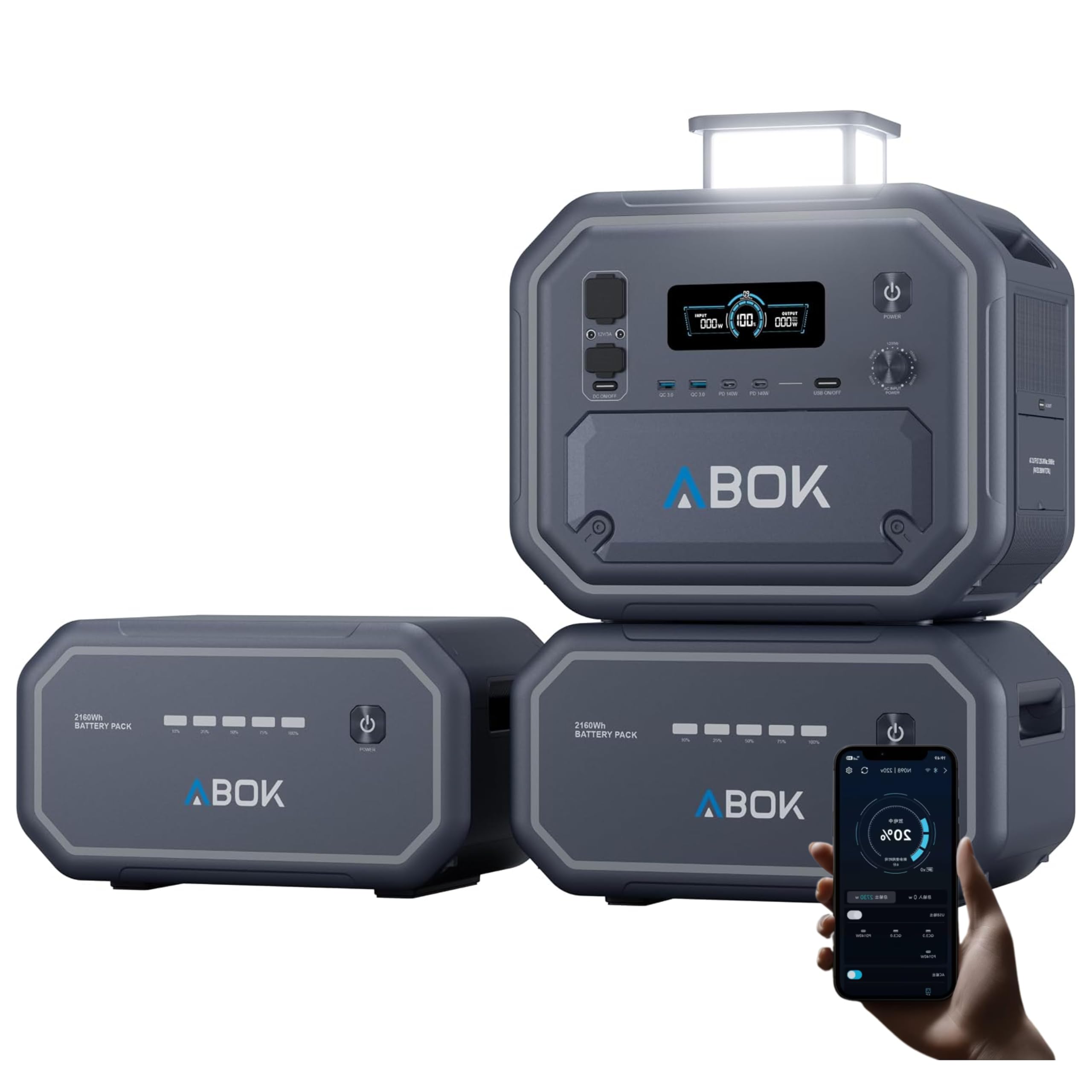 ABOK ARK2800 Powerstation + 2 batterie aggiuntive ARK2800E, generatore solare LiFePO4 da 6480 Wh, 2800 W, sistema modulare di immagazzinamento, alimentazione di emergenza per casa e esterni