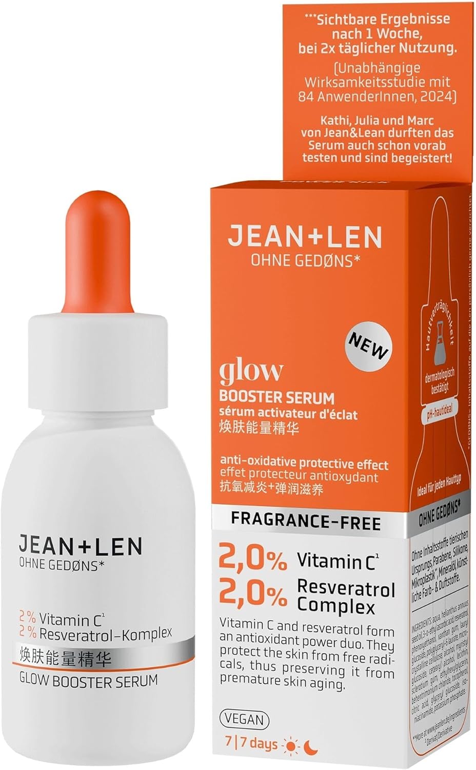 Jean & Len Glow Booster Serum, ideaal voor elk huidtype, geeft een doffe huid een gloed, gezichtsserum met vitamine C derivaat & resveratrol complex, parfumvrij, vegan, 30 ml