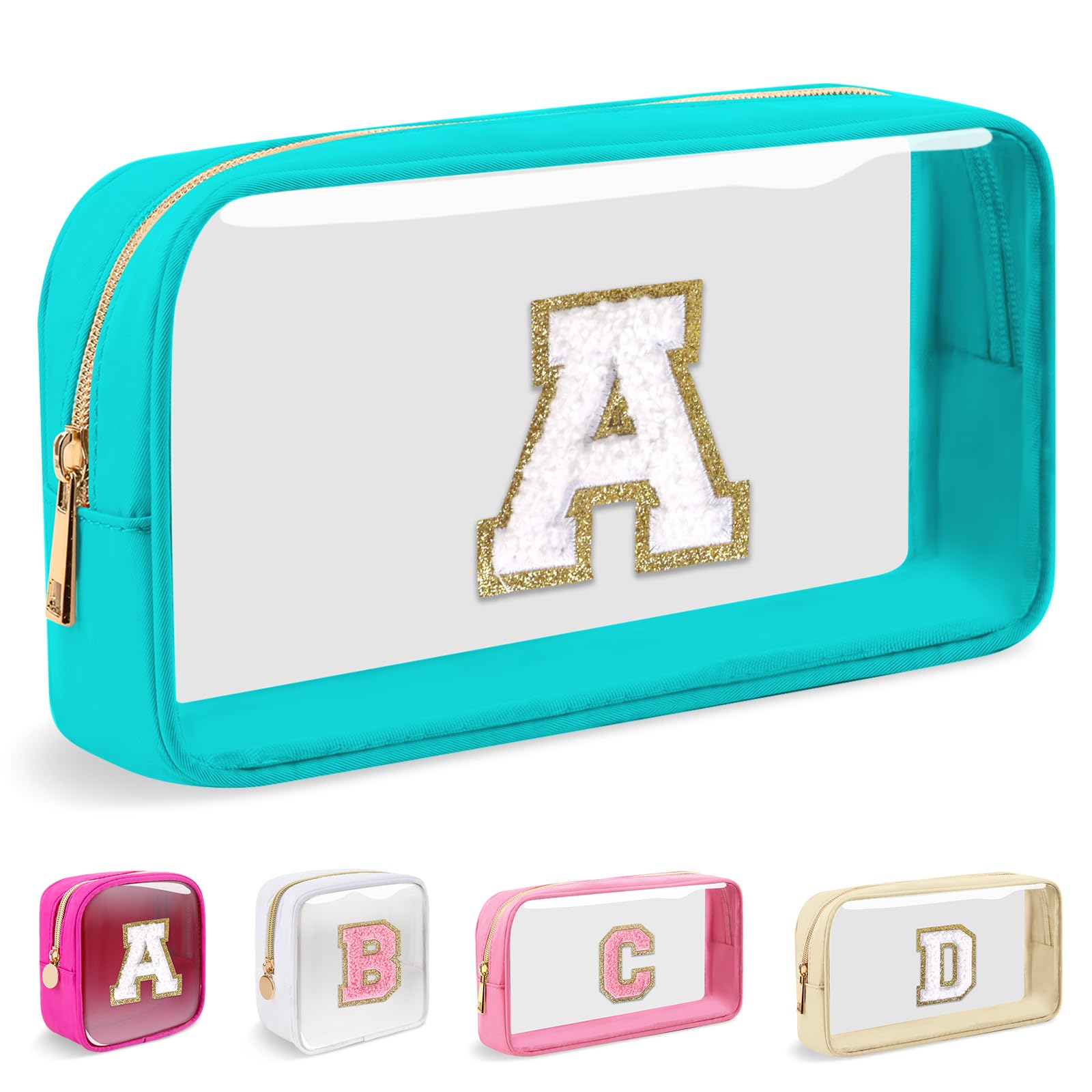 Small Clear Personalized Initial Makeup Bag,Nylon Preppy A-Z Chenille Letter Patch Cosmetic Pouch Beach Toiletry Bag,Waterproof Zipper Travel Purse