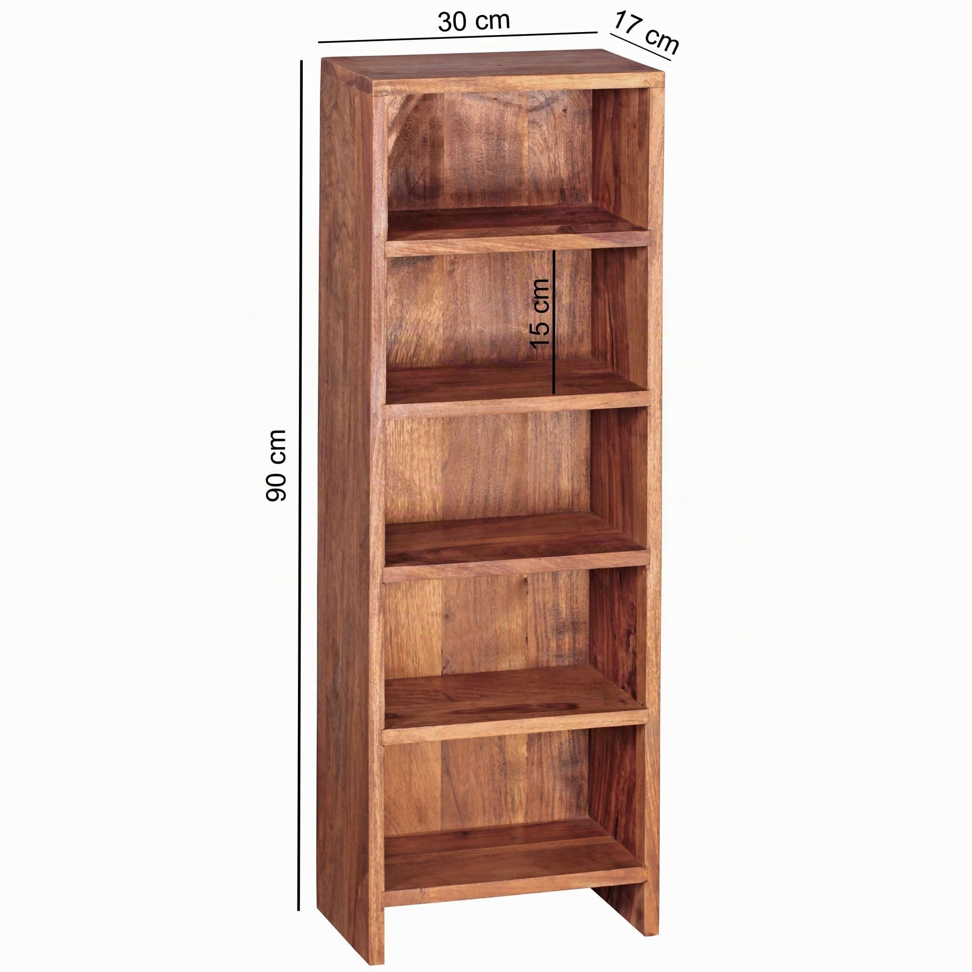FineBuy Porta CD 30x17x90 cm Legno Massello di Sheesham con 5 Scomparti | scaffale per la collezione musicale, libreria stretta in stile country, scaffale in legno fatto a mano, pezzo unico