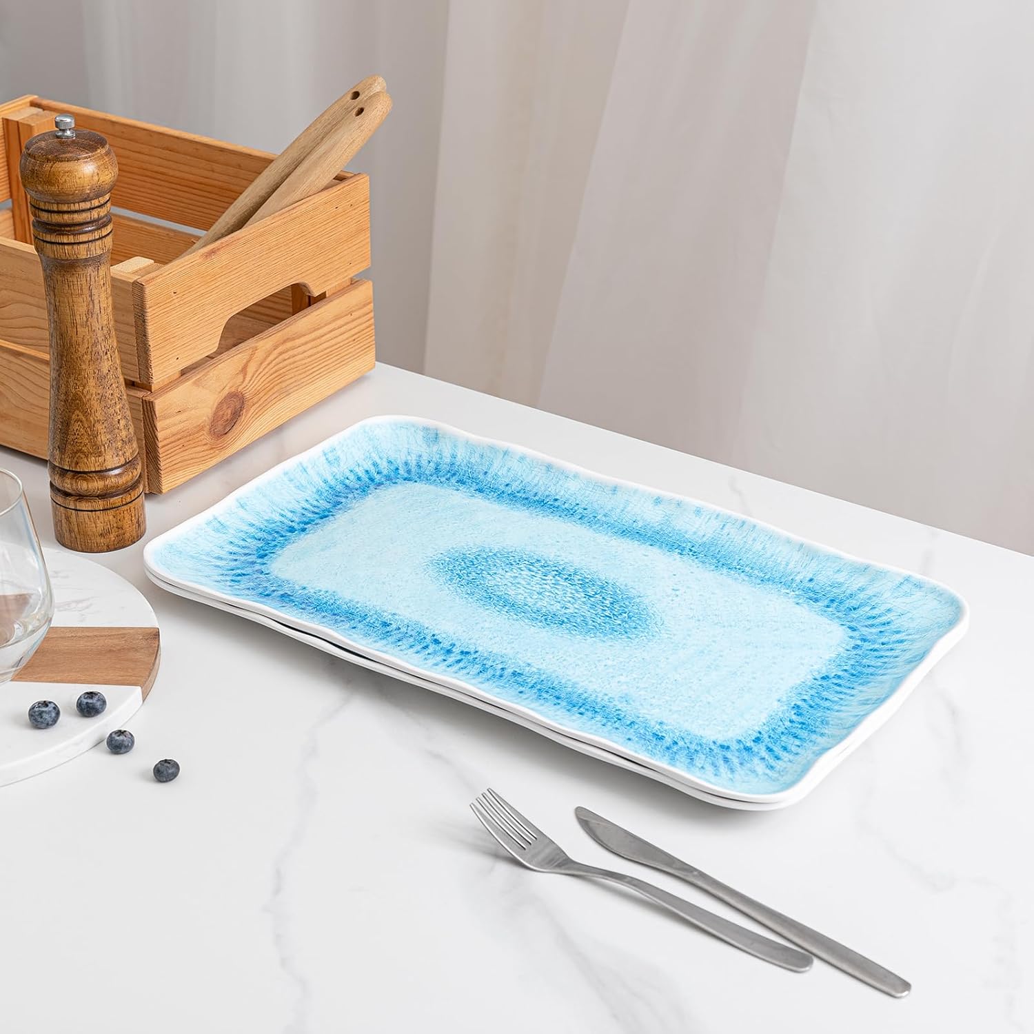 Large Farmhouse Melamine Serving Trays, Set of 2, 17 x 10 inches Serving Platters for Food Serving, Durable and Dishwasher Safe BBQ Tray, Reactive Blue - Image 4