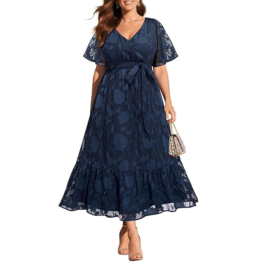 Plus-Size Wrap V-Neck Floral Maxi Cocktail Dress