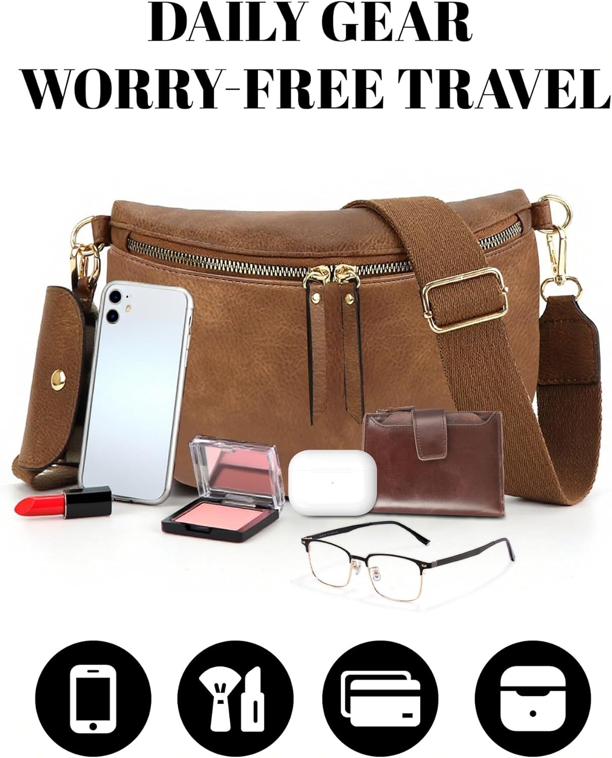 Fashionable Checkered Crossbody Bum Bag for Women - Large Capacity Fanny Pack, Belt Bag Sling Bag, Durable PU Leather, Stylish for Travel & Daily Use (Brown) - Image 5