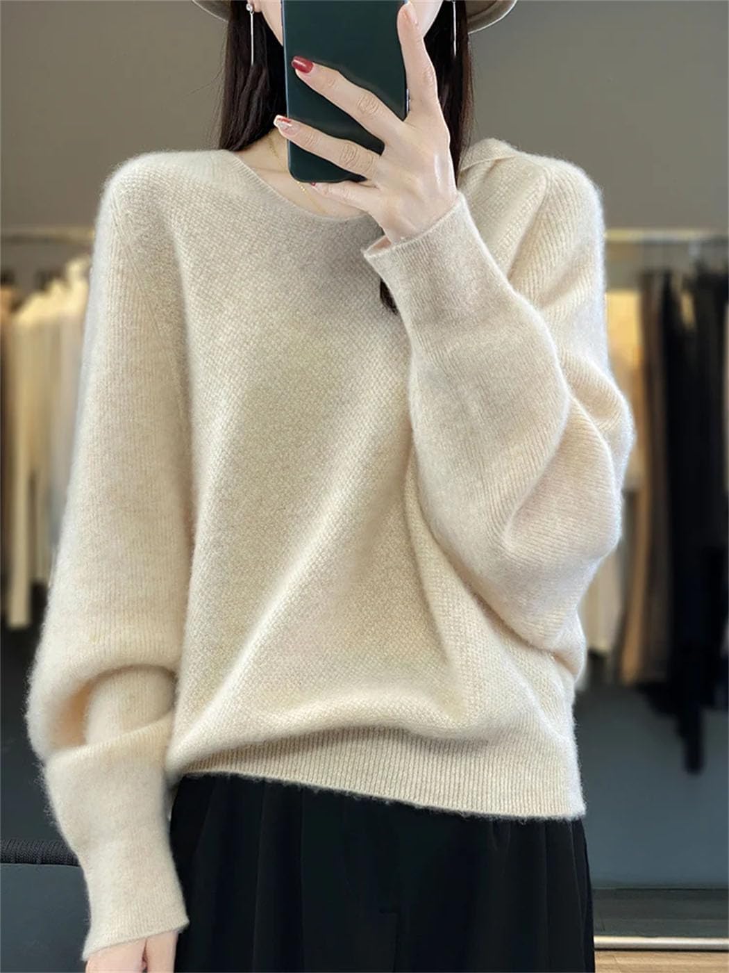 Women's Sweater Casual Hoodie 100% Merino Wool Cashmere Batwing Sleeve Knitted Pullover 2024 Fall Winter Top
