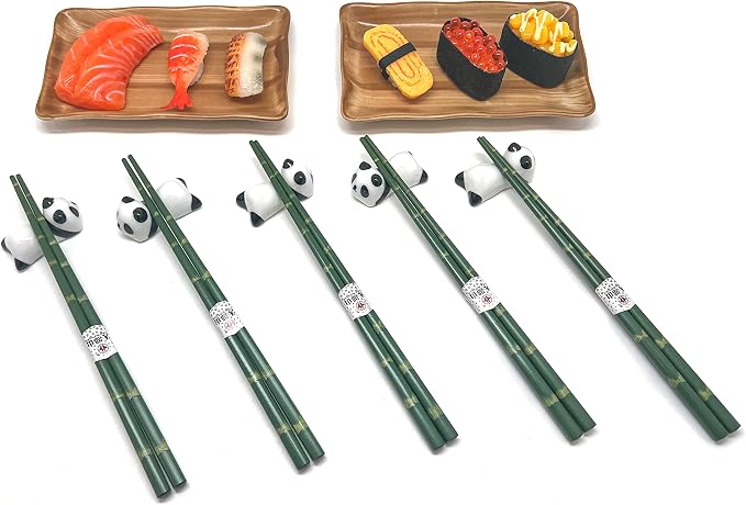 Juego de 5 pares de palitos chinos reutilizables de madera con soporte de porcelana panda y diseño de bambú verde hechos a mano de 22.5 cm miniatura 3