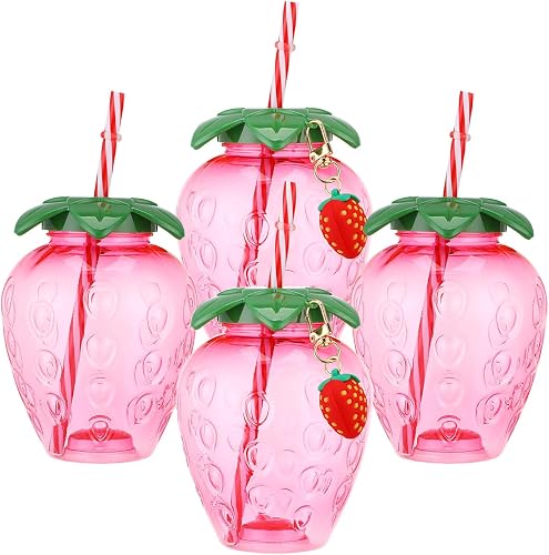 Gadpiparty Strawberry Sip Cup with Lid and Straw 12Oz Plastic Strawberry Cups for Summer Parties Hawaiian Themed Drinkware Cute Portable Water Tumbler for Kids and Adults