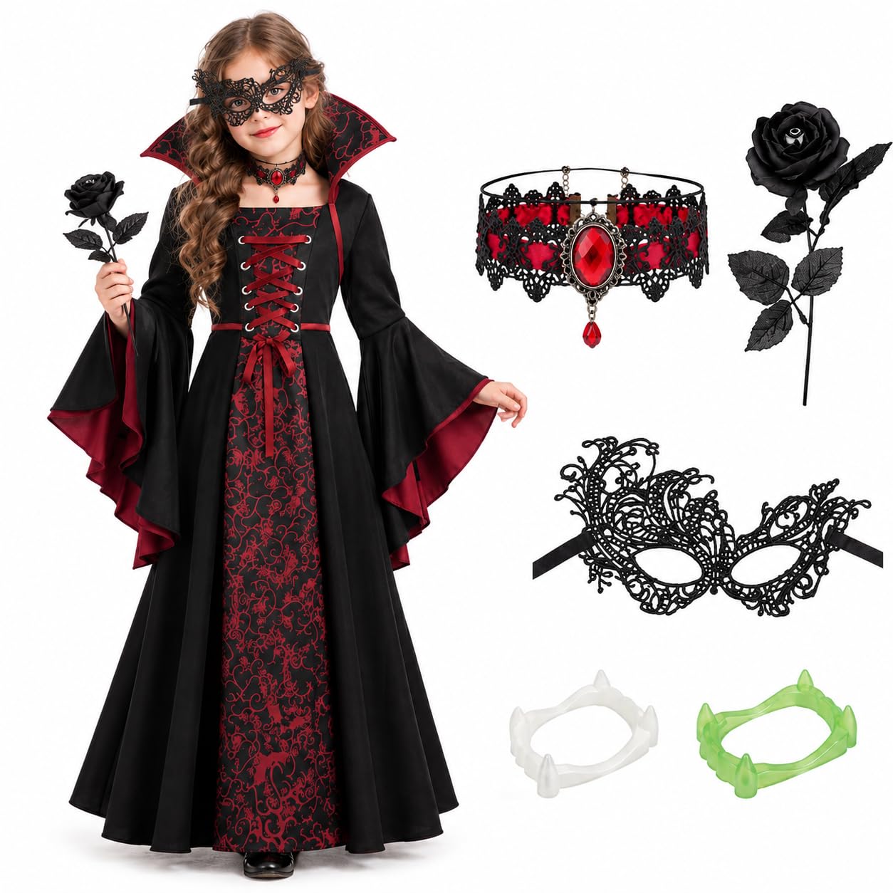 DéGuisement Vampire Enfant Deguisement Halloween Fille avec Robe Gothique & Accessoires Complets – Costume Vampire Halloween Enfant De 4-10 Ans pour Chasse Aux Bonbons Et Carnaval