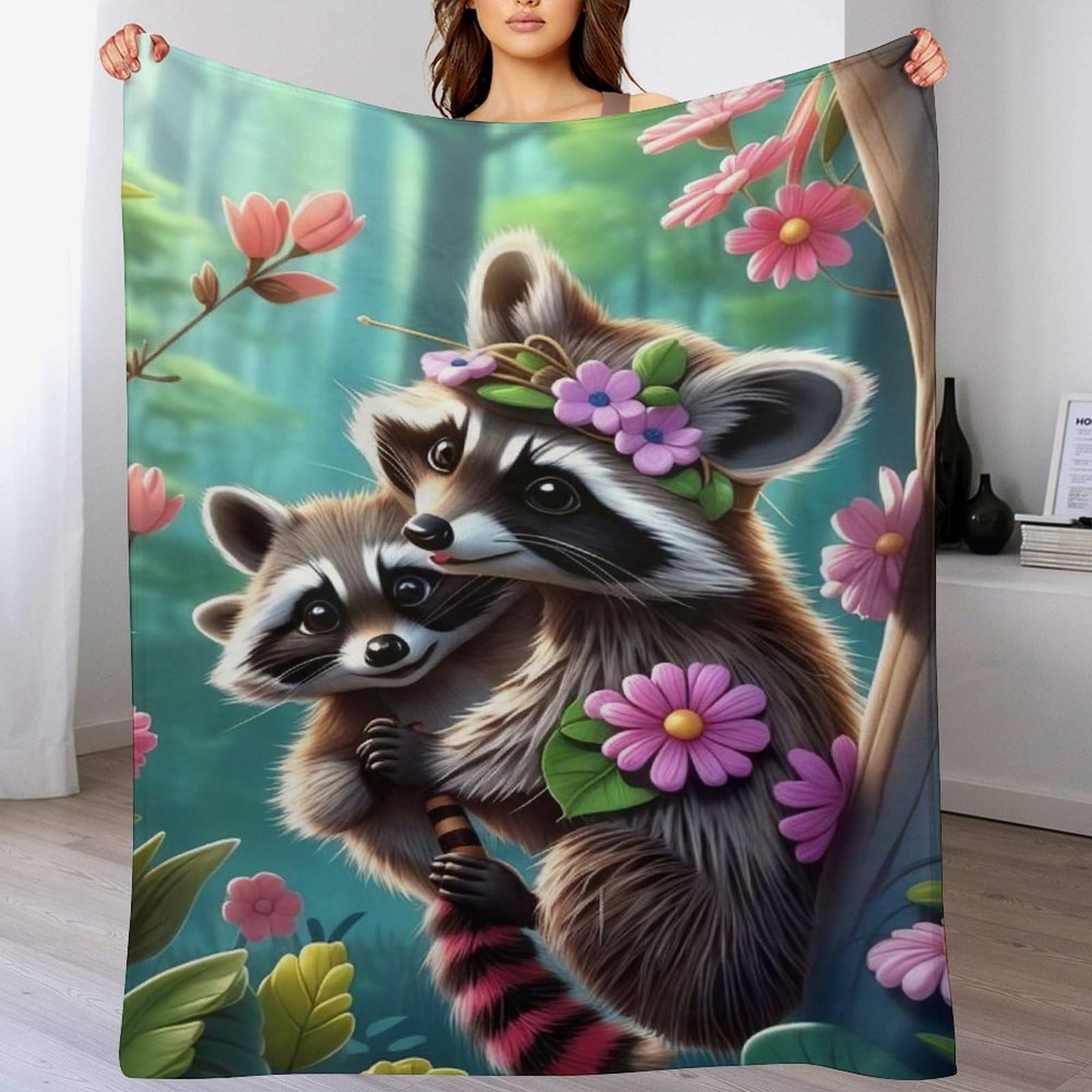 Couverture flannel raton laveur chaude et lavable en machine pour l'hiver