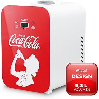 &deg;CUBES Coca-Cola Mini Fridge 9.3 L, Compact Mini Fridge with Glass Print and LCD Touch Display, Small Fridge for Car and Home