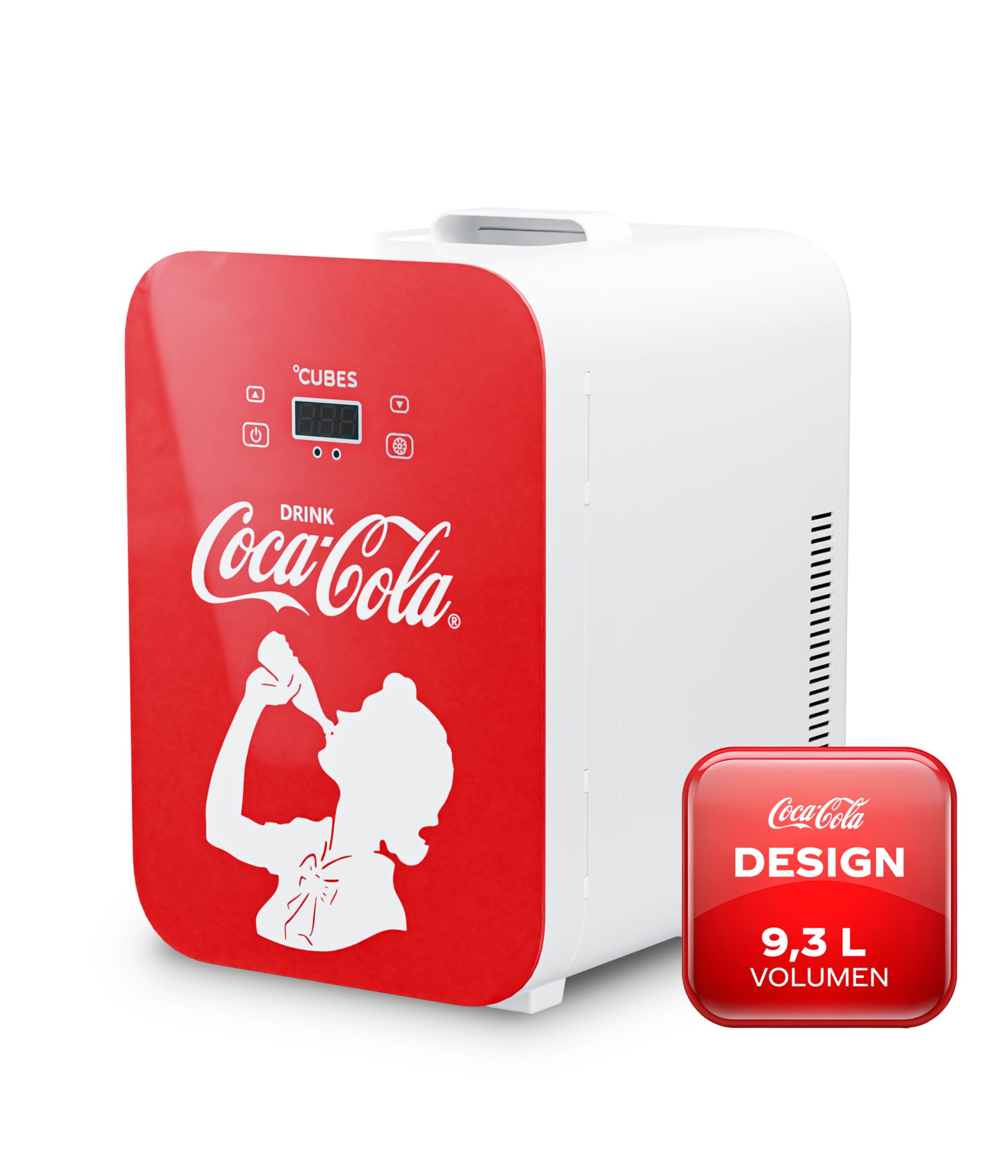 °CUBES Coca-Cola Mini Kühlschrank 9,3L | Kompakter Minikühlschrank mit Glasdruck & LCD-Touch-Display | Kleiner Kühlschrank für Auto & Haushalt | Leise & Effizient | 12V/220V