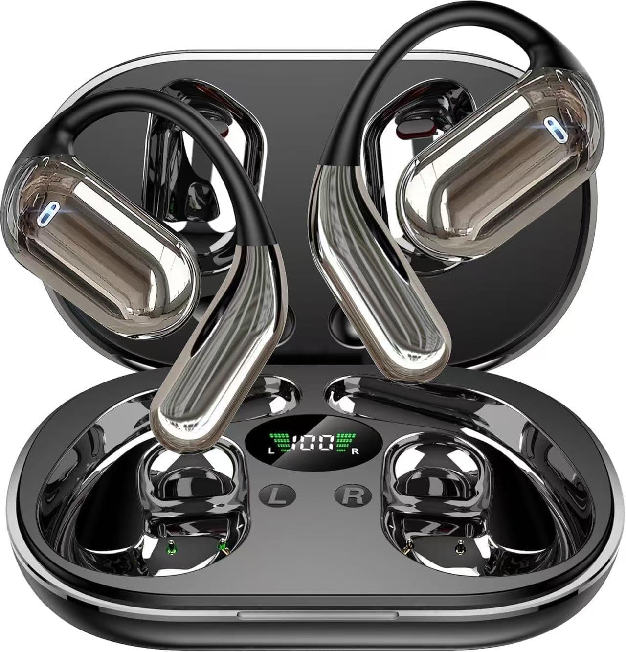 SANOTO Open Ear Earbuds, Bluetooth Headphones with Smart Digital Display, Open Ear Headphones with Ear Hooks, 50H Playtime, Touch Control, ENC Mic, Wireless Earbuds for Workout Travel Working