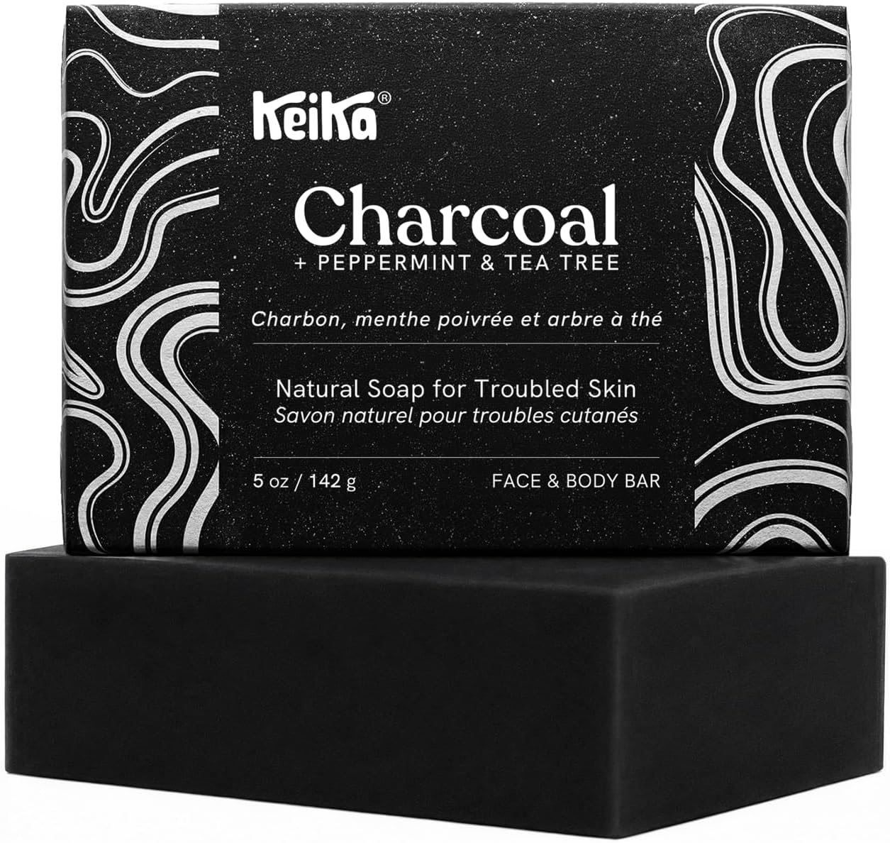 Keika Charcoal Black Soap Bar with Shea Butter for Face, Acne, Blackheads, Eczema, Psoriasis | 100% All-Natural Vegan. Fragrance-Free. Non-GMO. Handmade. Facial Cleanser Soap for Oily Skin. 5 oz.