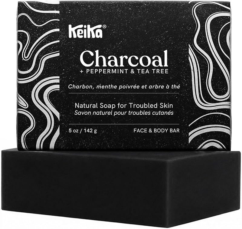 Sabonete em barra de carvão Keika Charcoal+, com manteiga de karité, óleos naturais e fragrância de hortelã-pimenta e melaleuca, 142 g