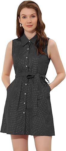 Allegra K Vestido sin mangas de lunares para mujer, vestido camisero con cinturón, vestido vintage con botones