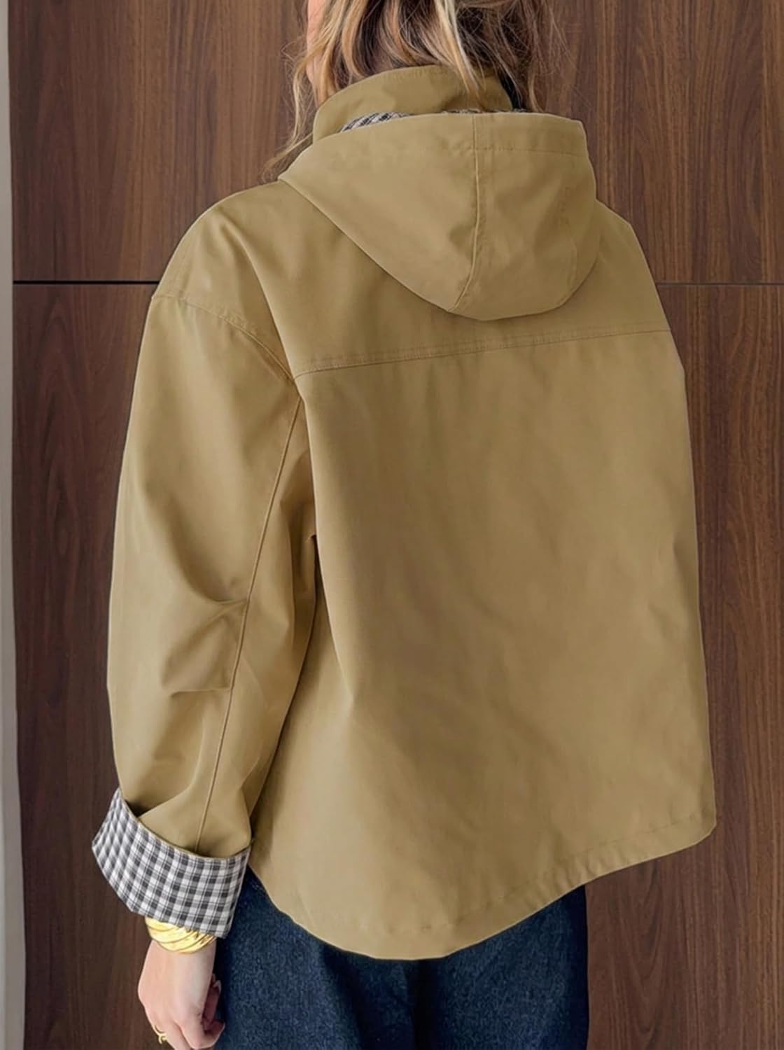 Tankaneo Womens Cropped Trench Coats Fall Jacket with Plaid Detachable Hood
