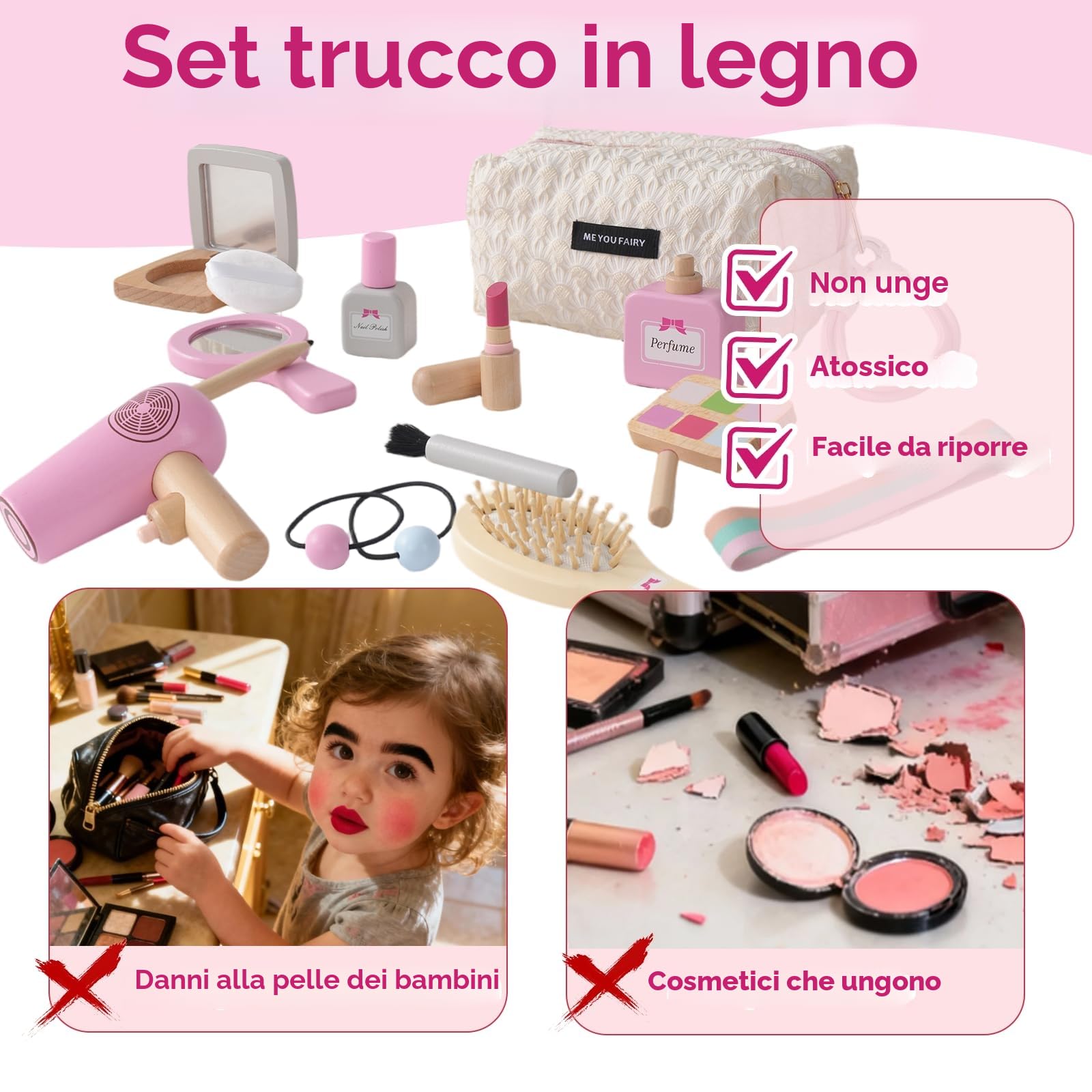 Gioco di Trucco e Parrucchiere in Legno per Bambine, 19 Pezzi, Cosmetici Finiti in Legno con Borsetta, Giocattoli di Ruolo, Accessori Toeletta Ragazze, Regalo di Compleanno per 3 4 5 6 Anni