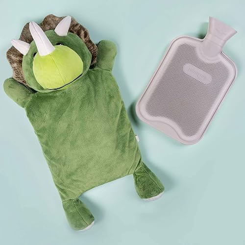 Miniatura 6 de HomeTop Botella clásica de goma para agua caliente y fría con bonita cubierta rellena de triceratops (2 litros, verdetriceratops)
