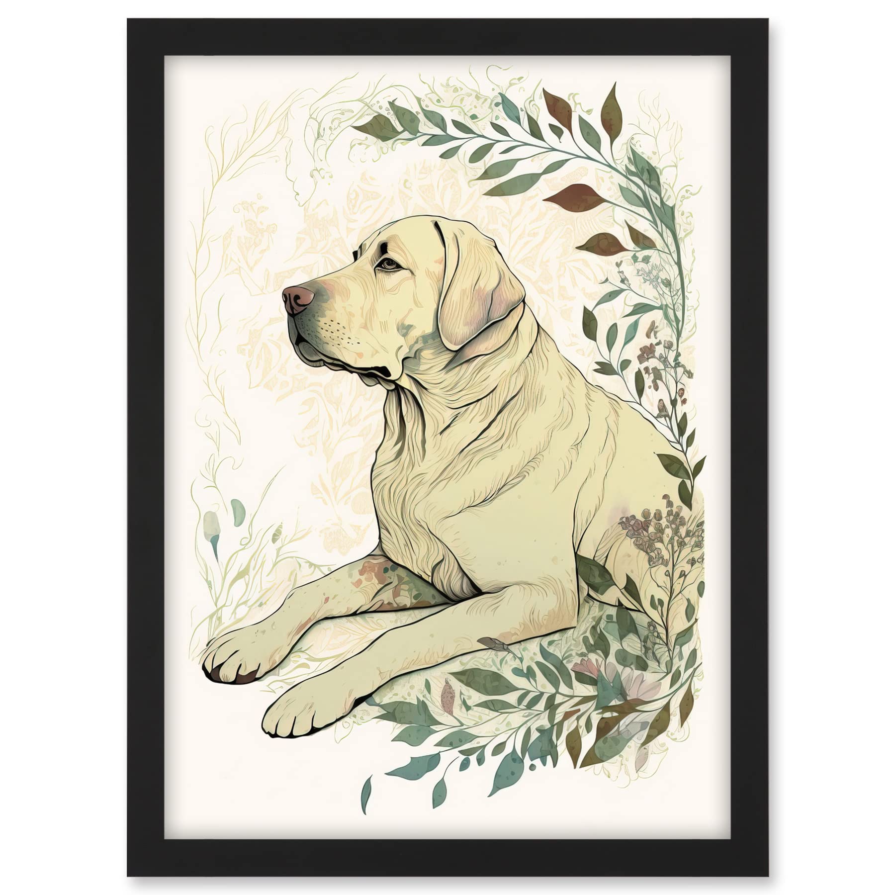 Artery8 Labrador Retriever Dog Lying in Field Modern Linocut Illustration Artwork Framed A3 Wall Art Print