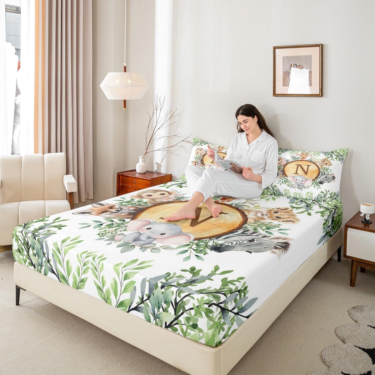 Feelyou Safari Animal Fitted Sheet Full Size Woodland Jungle Animals Bed Sheets Set 16" Deep Pocket Soft Tigers Deer Elephants Foxes Print Bedding with 2 Pillowcases Personalized Initial N Room Decor