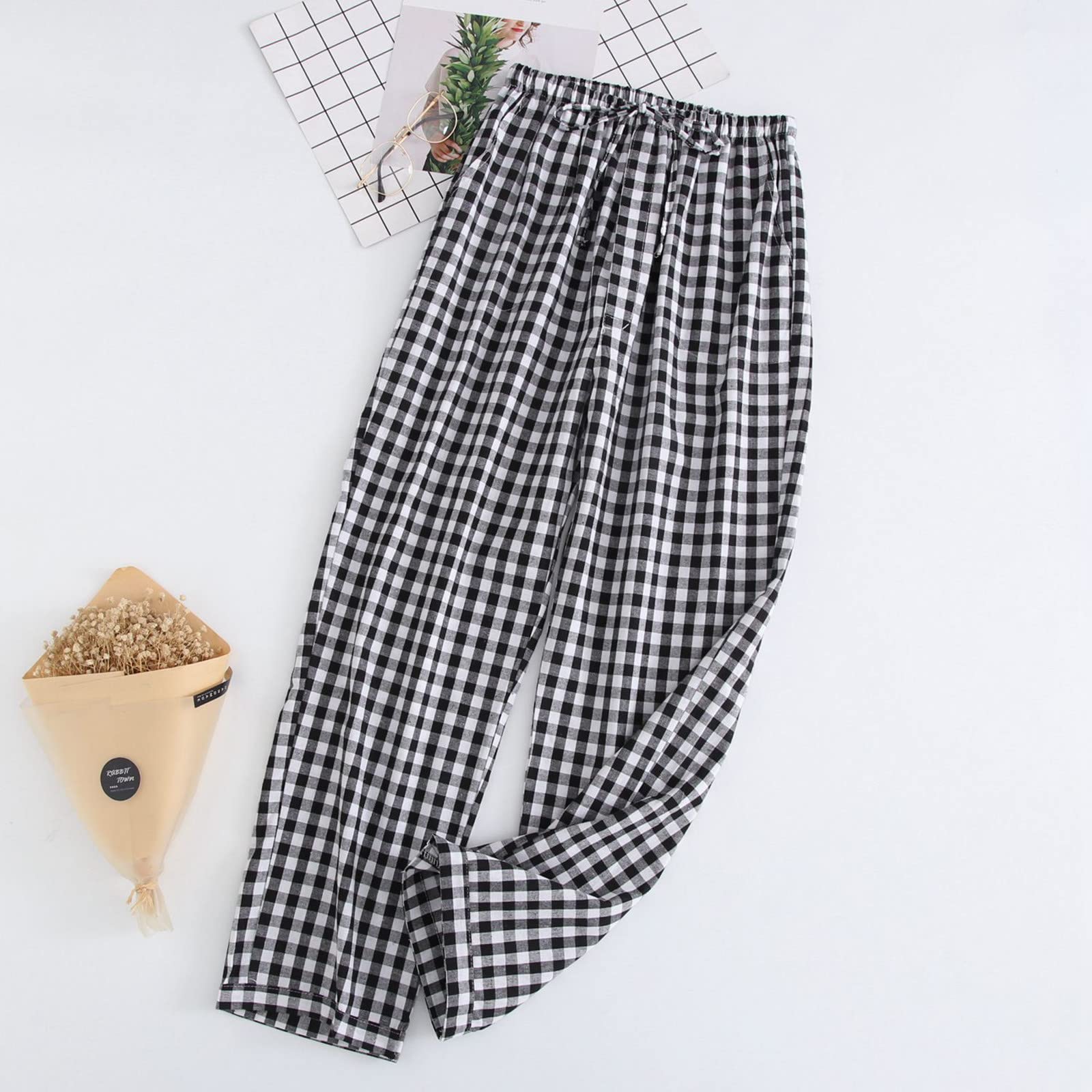 Lange heren pyjama broek, 90% katoen geruite slaapbroek met zakken-Black|3XL