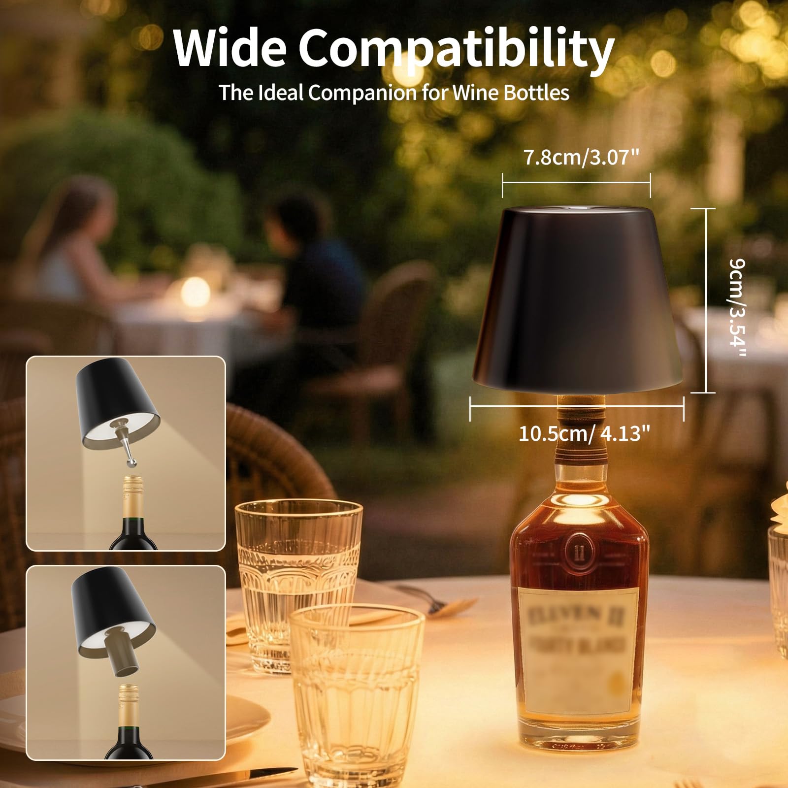 Lámparas LED para Botella 2 Piezas, Lámparas de Mesa Inalámbricas Recargables para Interior y Exterior – 3 Temperaturas de Color, Regulación Continua, IP54, Cuerpo Metálico, 5300 mAh, Negro