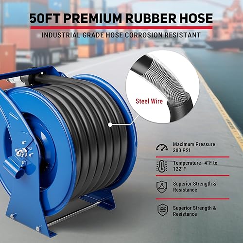 Vista 43 de Carrete de manguera de combustible diésel retráctil de 1 pulgada x 50 pies con boquilla de combustible, carrete de manguera diésel de 300 PSI