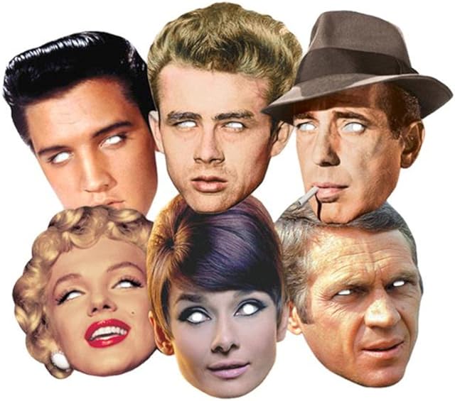 Mask Pack - Hollywood Party Face Masks Classic Set of 6 (Audrey Hepburn, Marilyn Monroe, Elvis, Humphrey Bogart, Dean and Steve McQueen) - Includes 6X4 (15X10cm) Star Photo