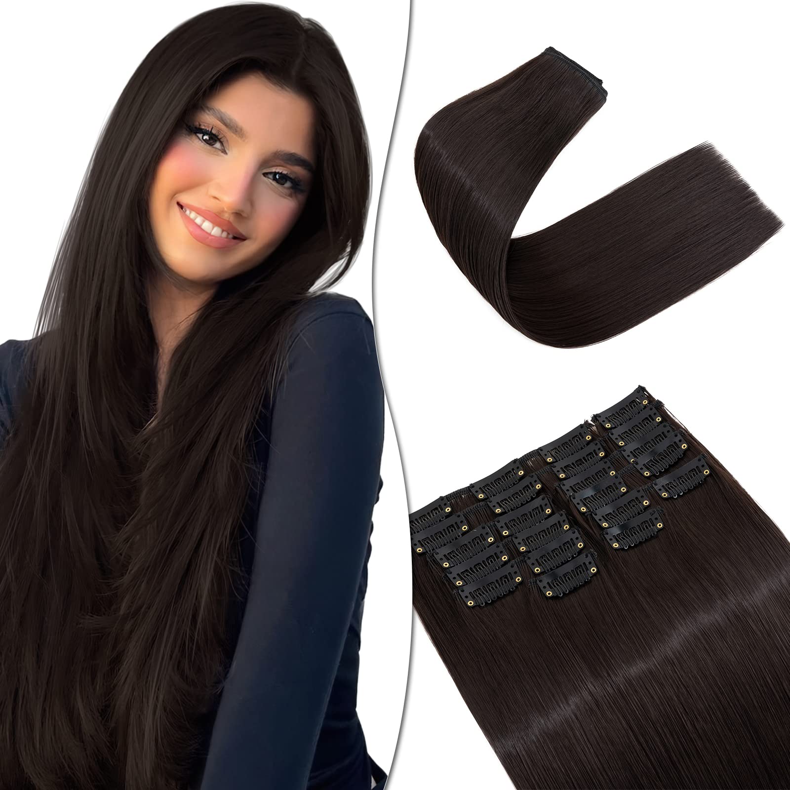 55cm SEGO Extensiones de Clip de 12 Piezas con 22 Clips Pelo Sintético Se Ve Natural Liso Cabello Postizo Invisible (Castaño Oscuro,180g)