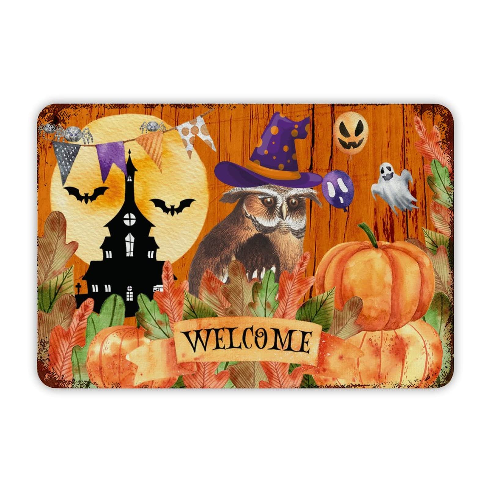 ENEDNATE Happy Halloween Moon Night Owl Witch Hat Welcome Aluminum Tin Metal Sign for Indoor Outdoor Business Retail Store Patio Yard Home Decoration Easy to Mount Wall Art Print Poster 8x12 Inch
