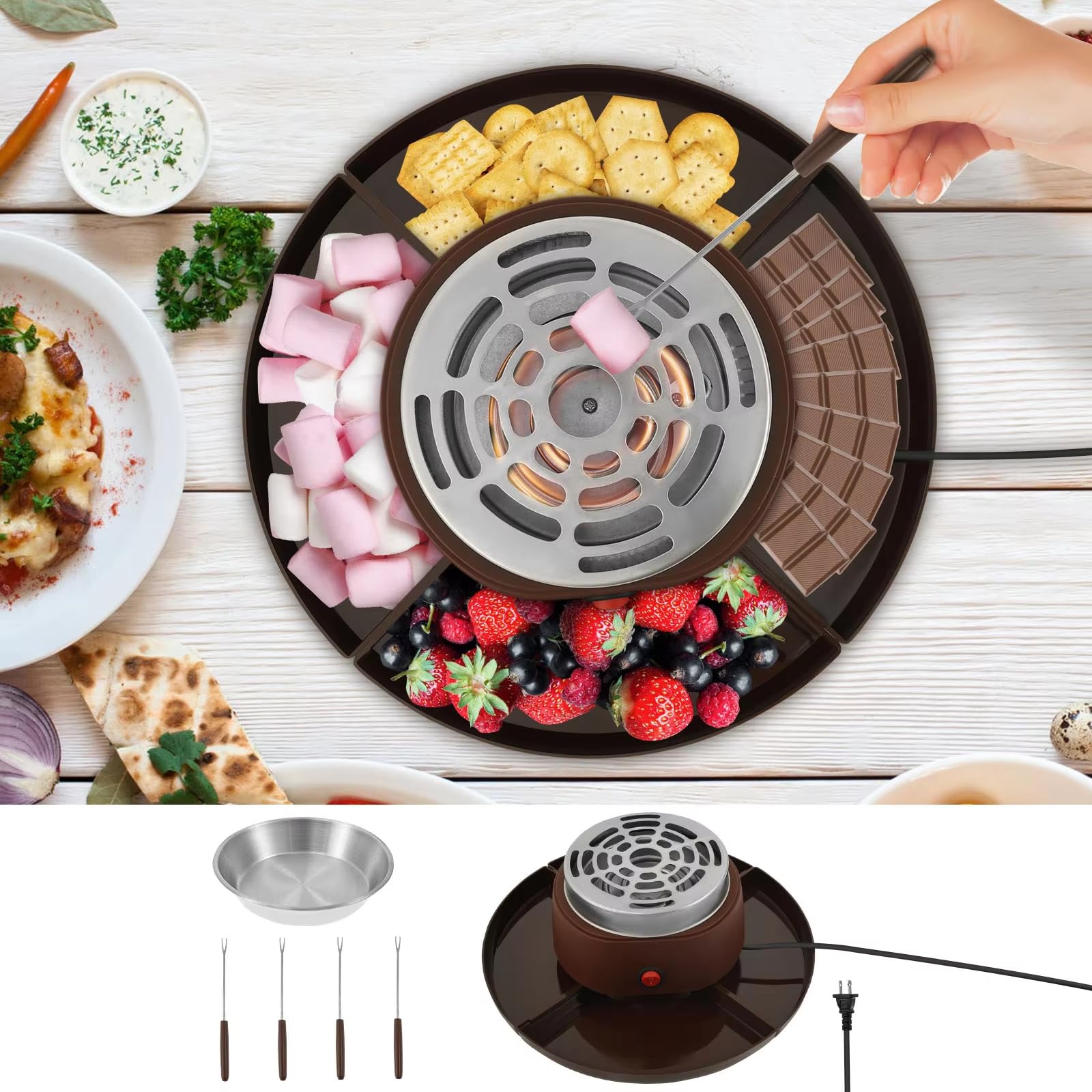 S'Mores Maker & Chocolate Fondue Set 2 en 1 Kit de Tostado con 5 Accesorios, Temperatura Ajustable, Protección contra Sobrecalentamiento, 30 cm de diámetro