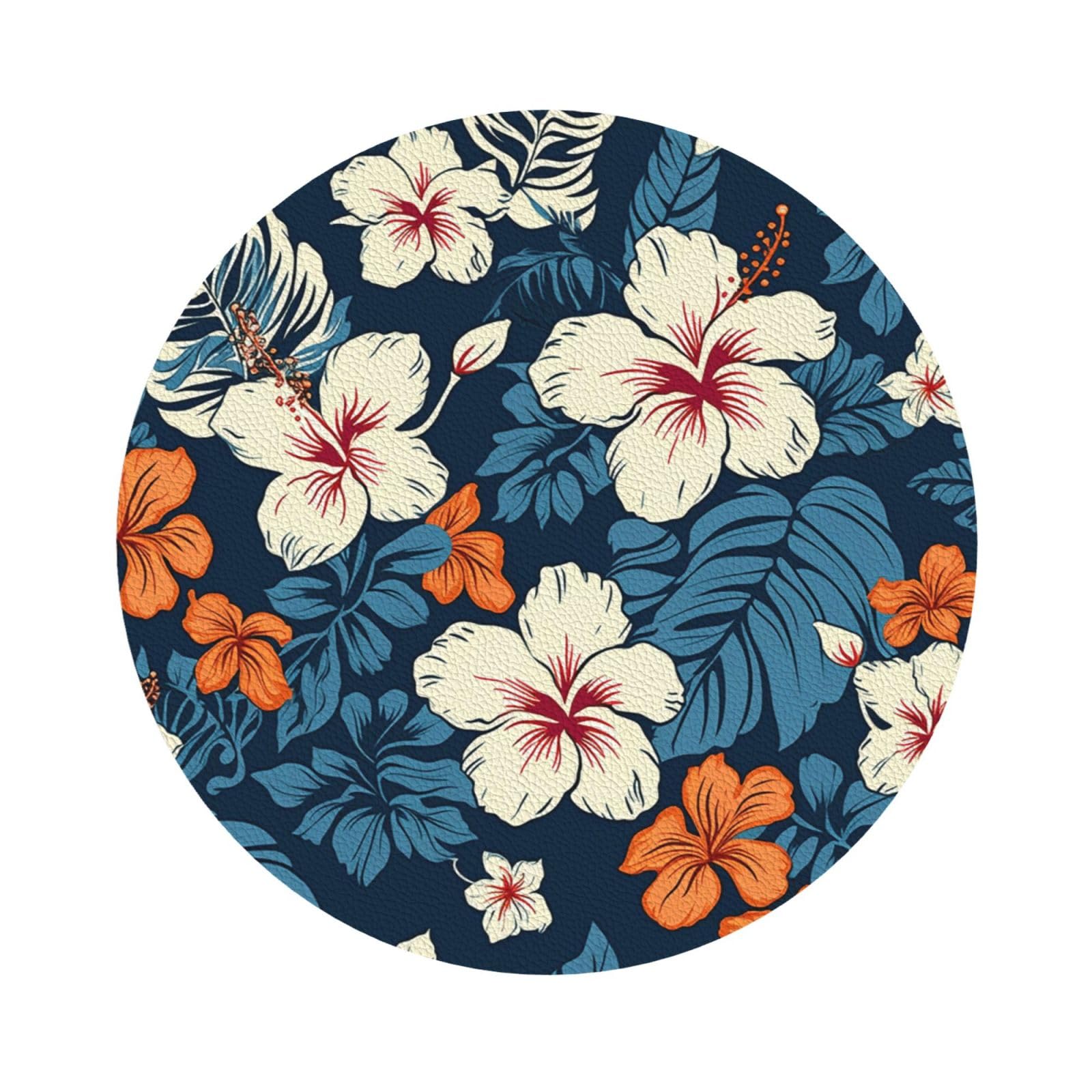 Fodpand Round Shape Hawaii Flower Drink Coasters Set Of 4, Heat Resistant Leather Coasters Fuuny Bar Beer Beverage Coaster For Drinks, Absorbent Cup Mat For Tabletop Protection, Housewarming Gift