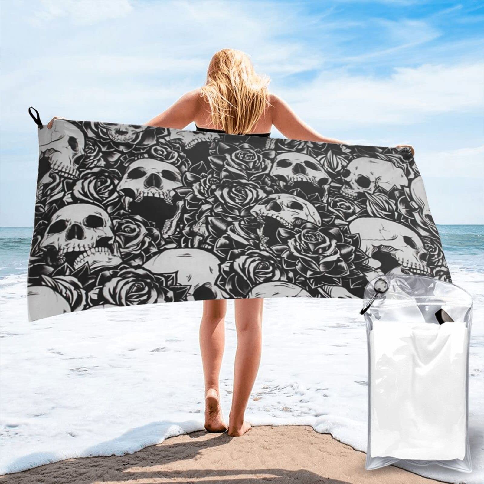 Lawenp Sugar Flower Skull Microfiber Beach Towel Adults Large Quick Drying Bath Towel Travel Towels with Pouch 31.5"x63"