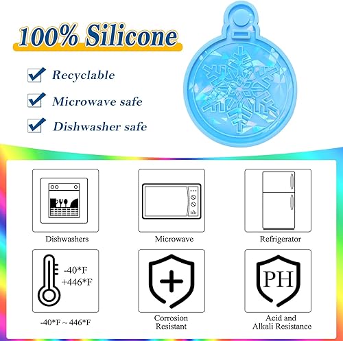 Miniatura 8 de DoreenBow 4 moldes de resina holográfica de Navidad, copos de nieve, adornos de Navidad redondos para resina epoxi para bricolaje, llavero,