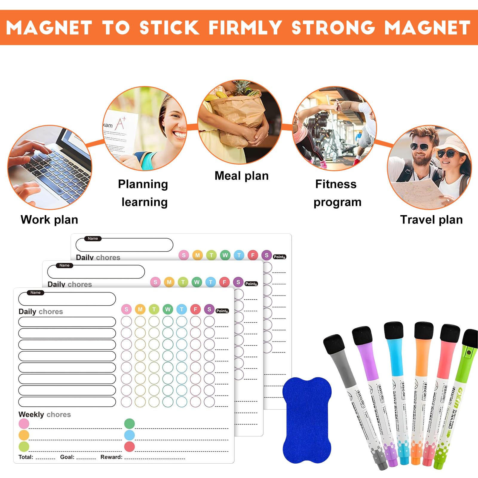3PCS Magnetic Chores Chart, Reusable Reward Chart with 6PCS Markers & Eraser - Image 4
