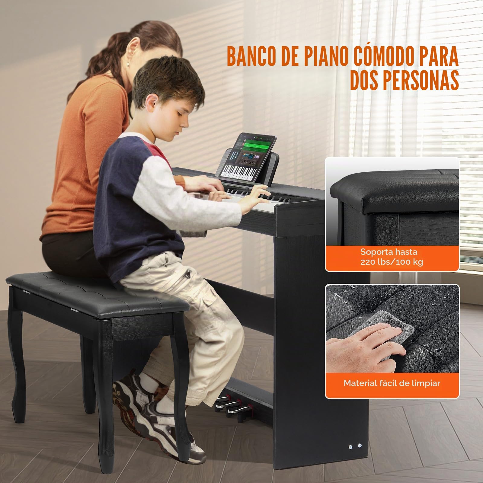 VEVOR Piano Digital de 88 Teclas Totalmente Ponderadas con Teclado Dual y Altavoces, Soporte de Gabinete Simple, Banco doble, Auriculares, 200 Tonos y Ritmos Compatible con Bluetooth/USB/MIDI