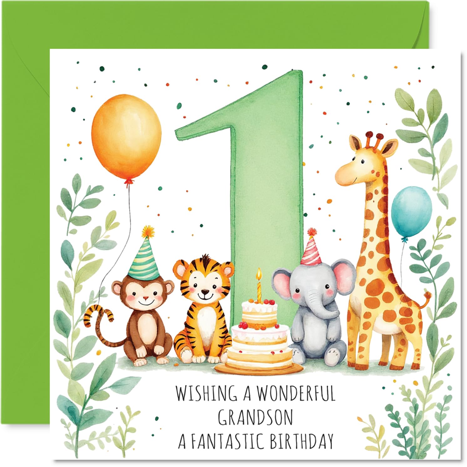 Playful 1st Birthday Card for Grandson - Bursting with Birthday Cheer - Cute Animals Celebrating in a Splash of Bright Colours - 145mm Square, Envelope Included