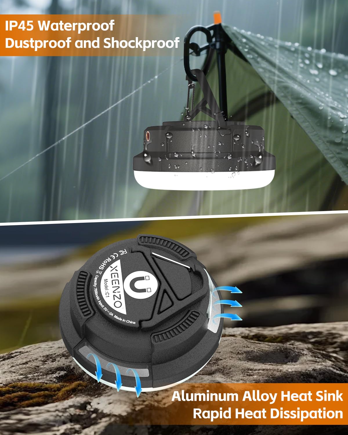 Lanterna da campeggio ricaricabile a LED, luci da campeggio portatili con 6 modalità, luce magnetica da appendere, luce di emergenza impermeabile IPX5 per interruzioni di corrente, uragani
