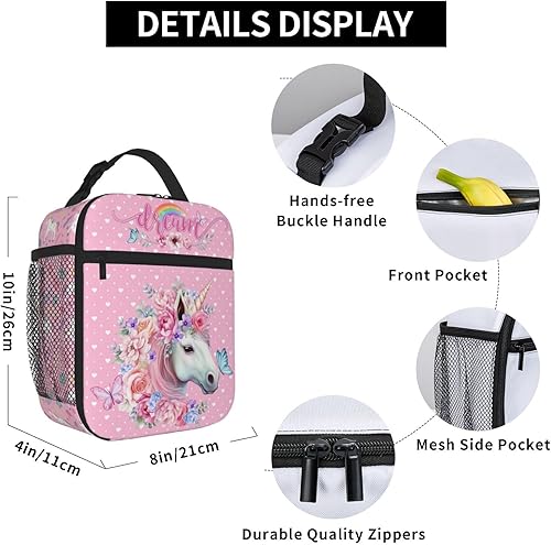 Miniatura 4 de Bolsas de almuerzo para mujer, bolsa de almuerzo con diseño de unicornio, mariposa, flor, bolsa térmica a prueba de fugas, bolsa de almuerzo de