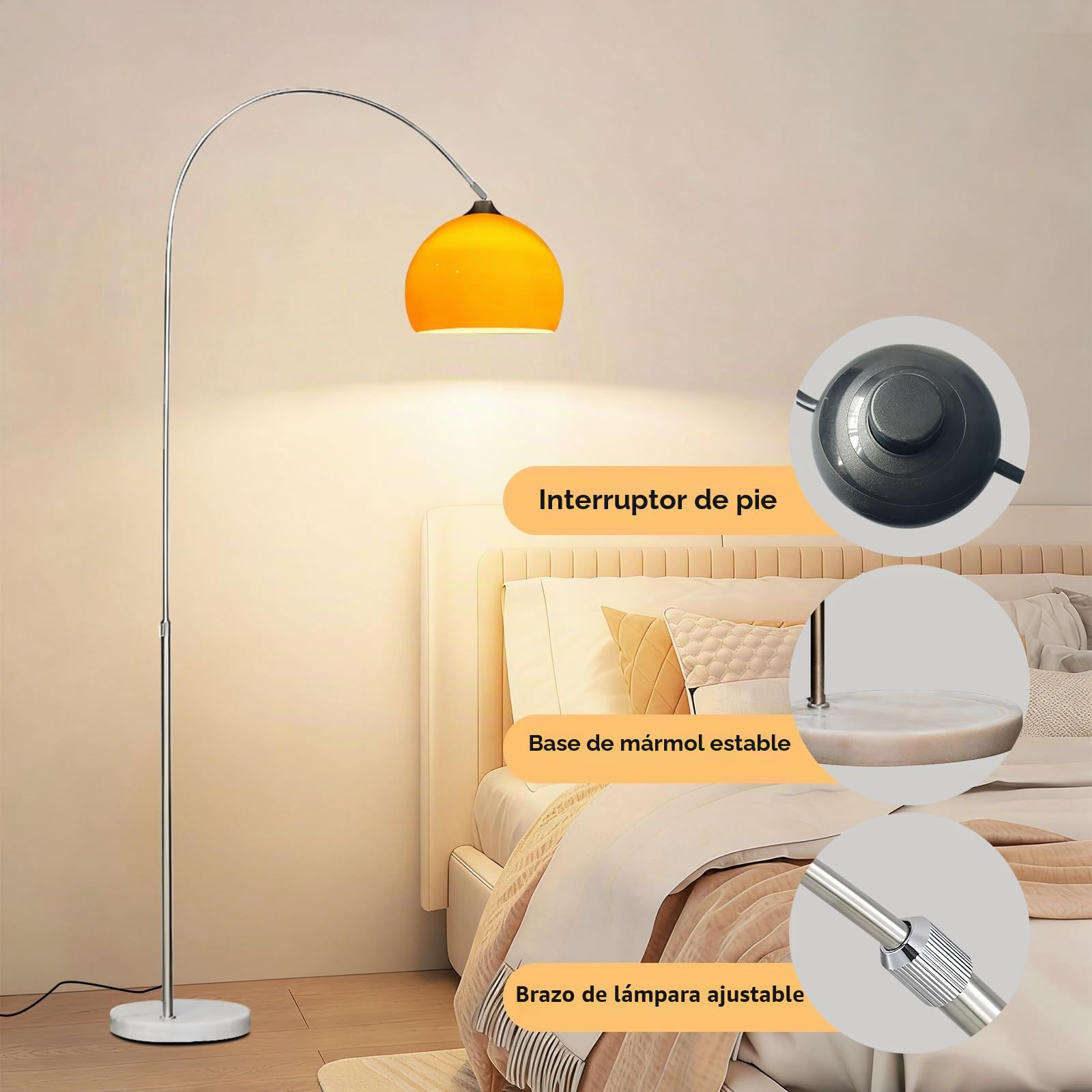 Lámpara De Pie Arco Naranja Mid-Century, Base De Mármol Natural | Altura Ajustable, Globo Acrílico, Bombilla RGB E27 Regulable, Control Por App, Poste Cromado Para Salón, Dormitorio U Oficina