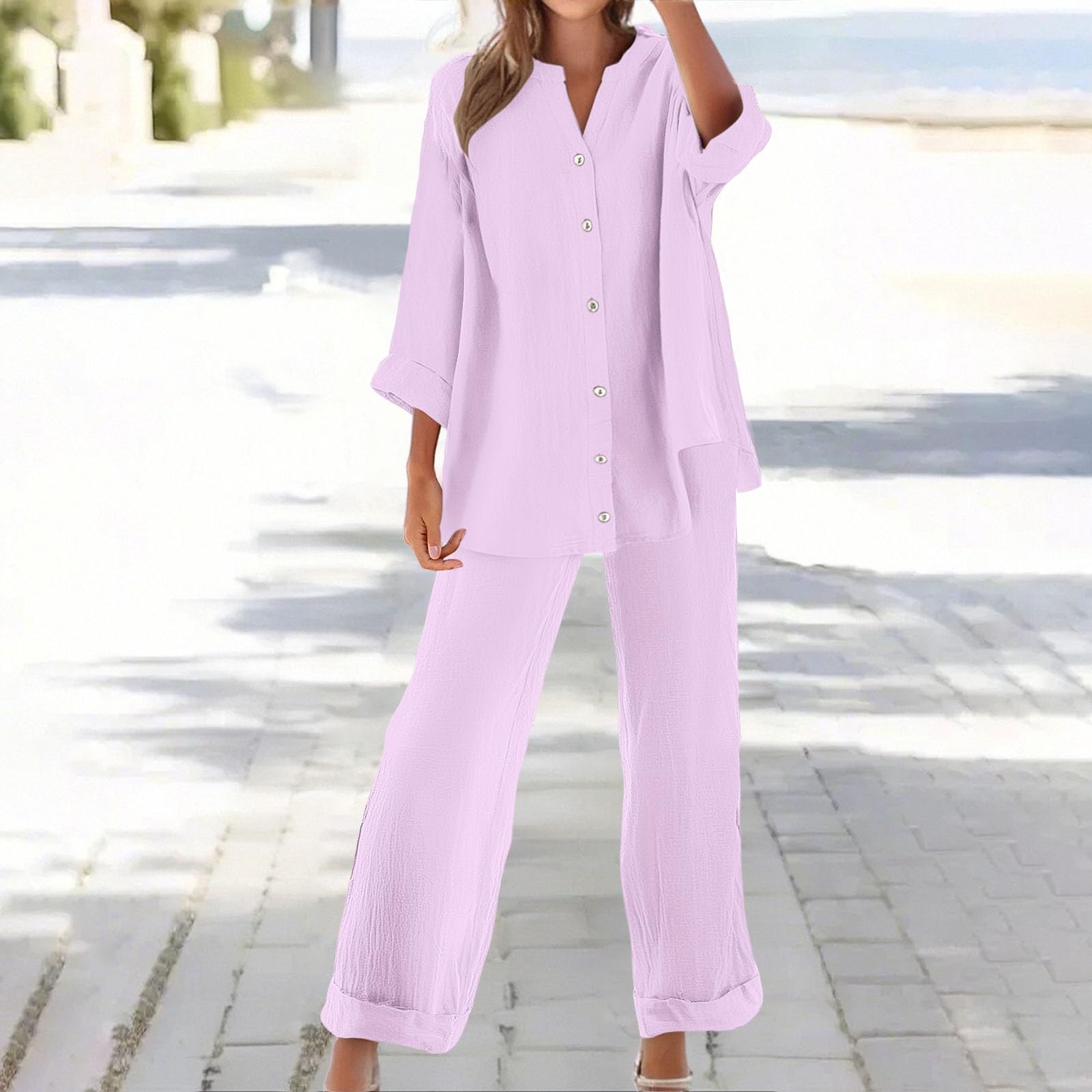 Conjunto Mujer Verano 2 Piezas Moda raje de Primavera Ligero Chndal Blusa Pantalones Ropa Playa Vacaciones Deportivo Casa Trabajoconjunto de mujerAdecuado para IR al Trabajo