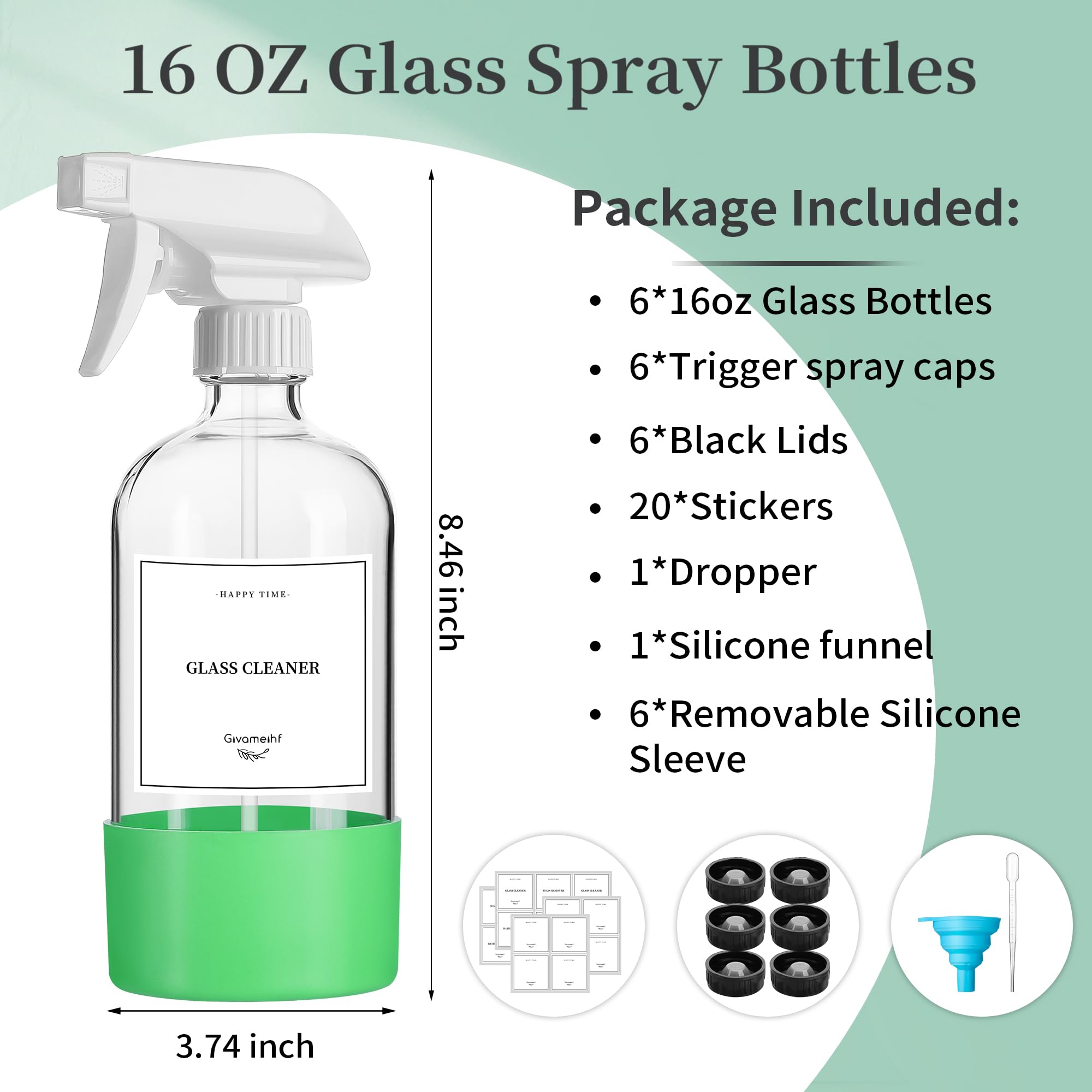 GIVAMEIHF Lot de 6 vaporisateurs en verre transparent de 473,6 g - Flacons vaporisateurs vides rechargeables avec buse réglable - Pour huiles essentielles, nettoyage, animaux domestiques, brumisateur