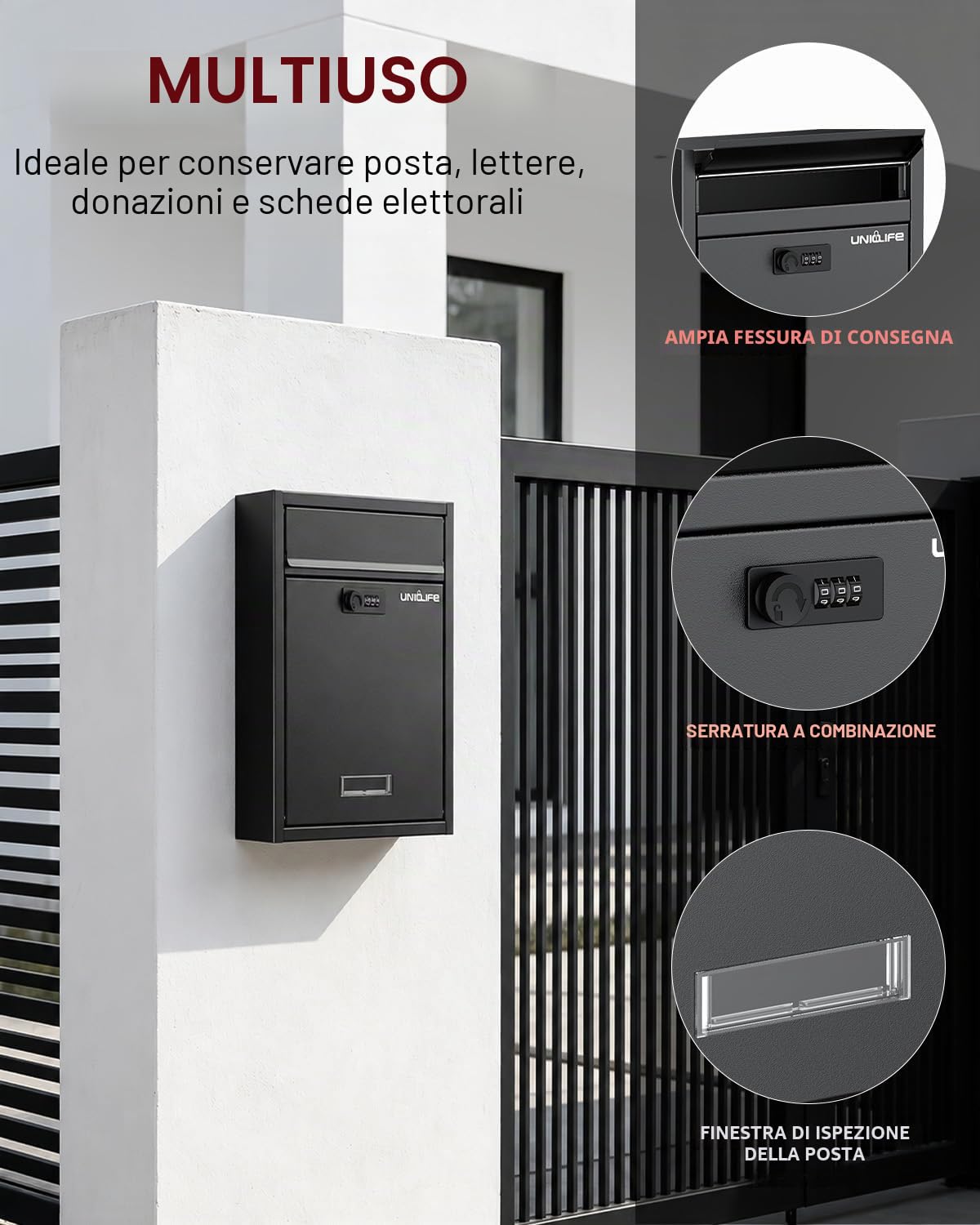 Uniclife - Cassetta postale a parete per esterni, grande cassetta postale con serratura a combinazione, cassetta postale di sicurezza per la casa, cassetta per la consegna sicura delle chiavi