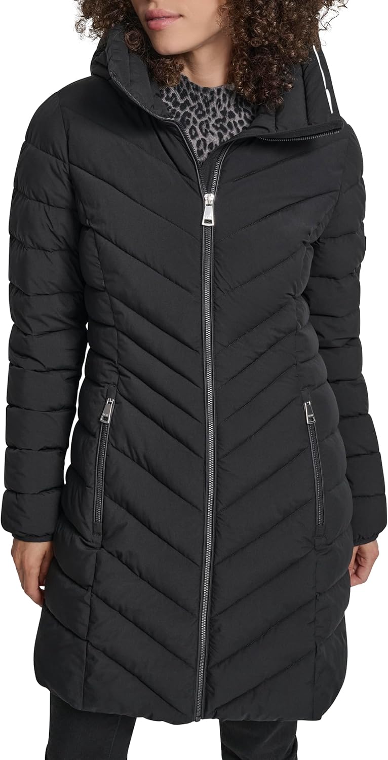 DKNY Women's Long Lightweight Hooded Puffer Jacket – Insulated Casual Outerwear - Image 4