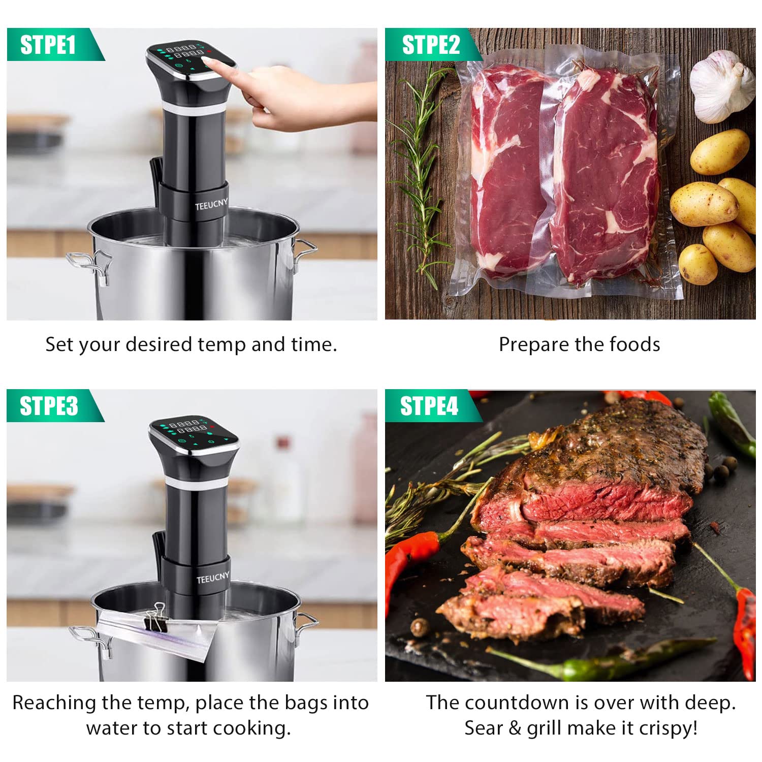 TEEUCNY Sous Vide 1100W Macchina per Cottura a Bassa Temperatura Bagnomaria Sottovuoto LCD Touch