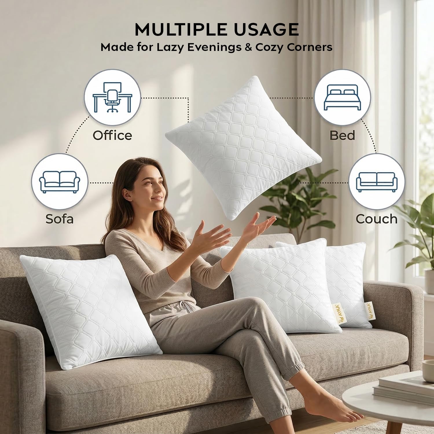 AYKA Microfiber Cushion Filler Set of 2 (16 x 16 Inch) | Soft & Fluffy Sofa Cushions Inserts | Premium Polyester Fiber Throw Pillows for Sofa, Couch, Bed & Living Room Decor | White 2