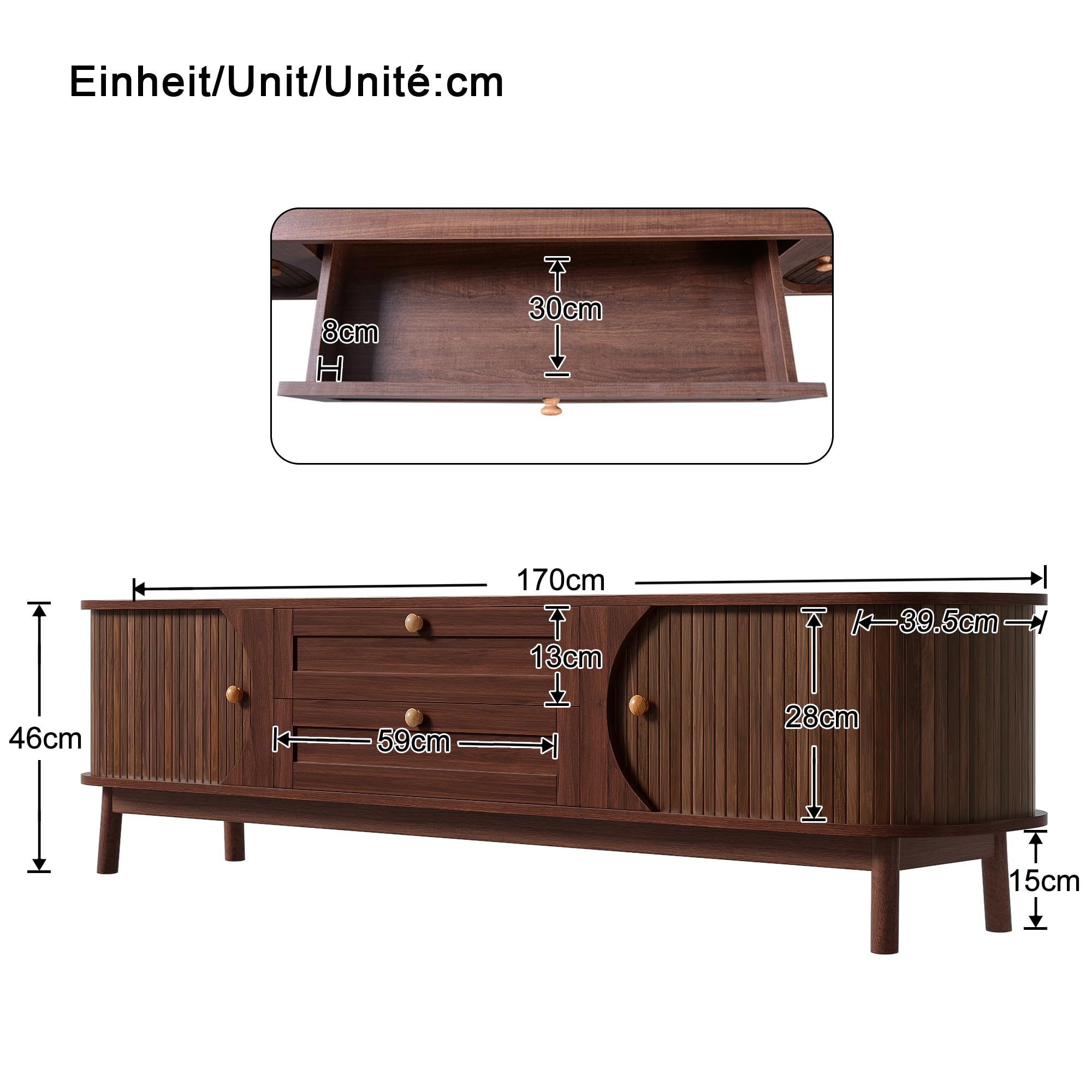 Mueble de TV moderno de nogal con aspecto de madera con cajones y compartimentos de almacenamiento, esquinas redondeadas, patas de madera sólidas, armario de TV con espacio de almacenamiento