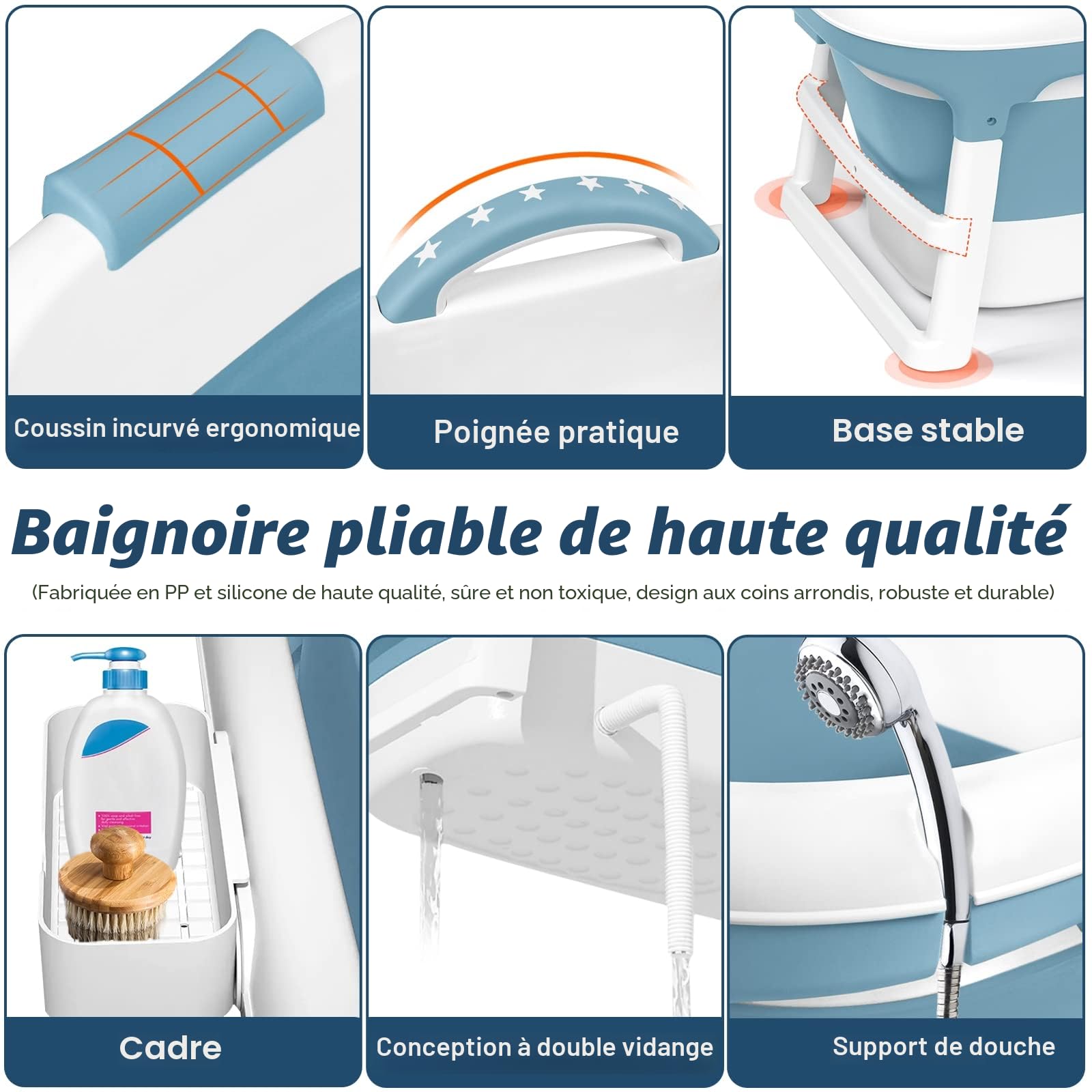 YRHome Baignoire pliable pour adulte - L, 118 x 60 x 53 cm - Baignoire pliante portable avec couverture, coussin, support pour petites salles de bains, douche