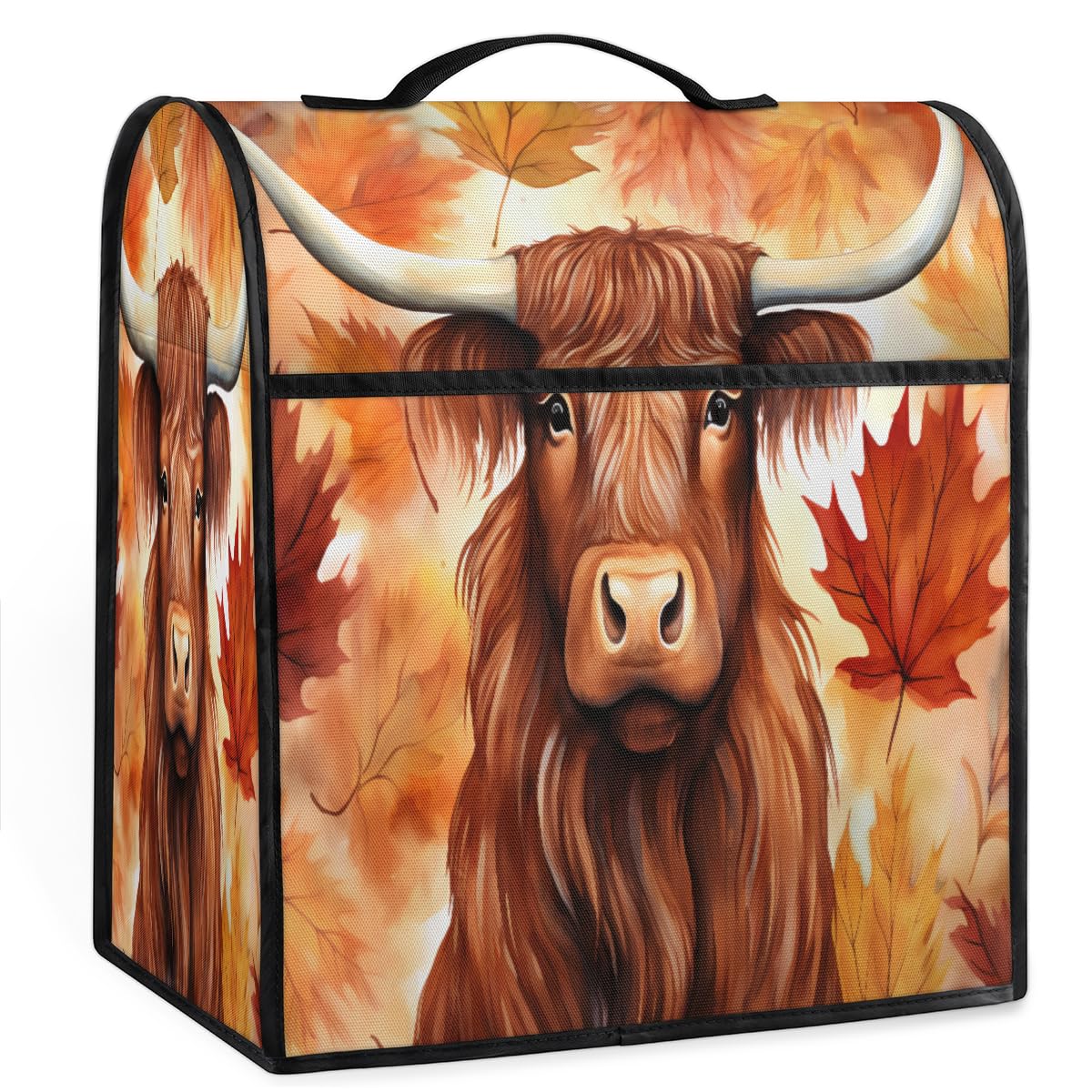 Coffee Maker Cover Autumn Highland Cow Maple Leaf Kitchen Appliance Covers Small Appliance Covers Blender Cover Juicer Cover Dust Covers for Kitchen Appliances with Top Handle and Pockets,C150