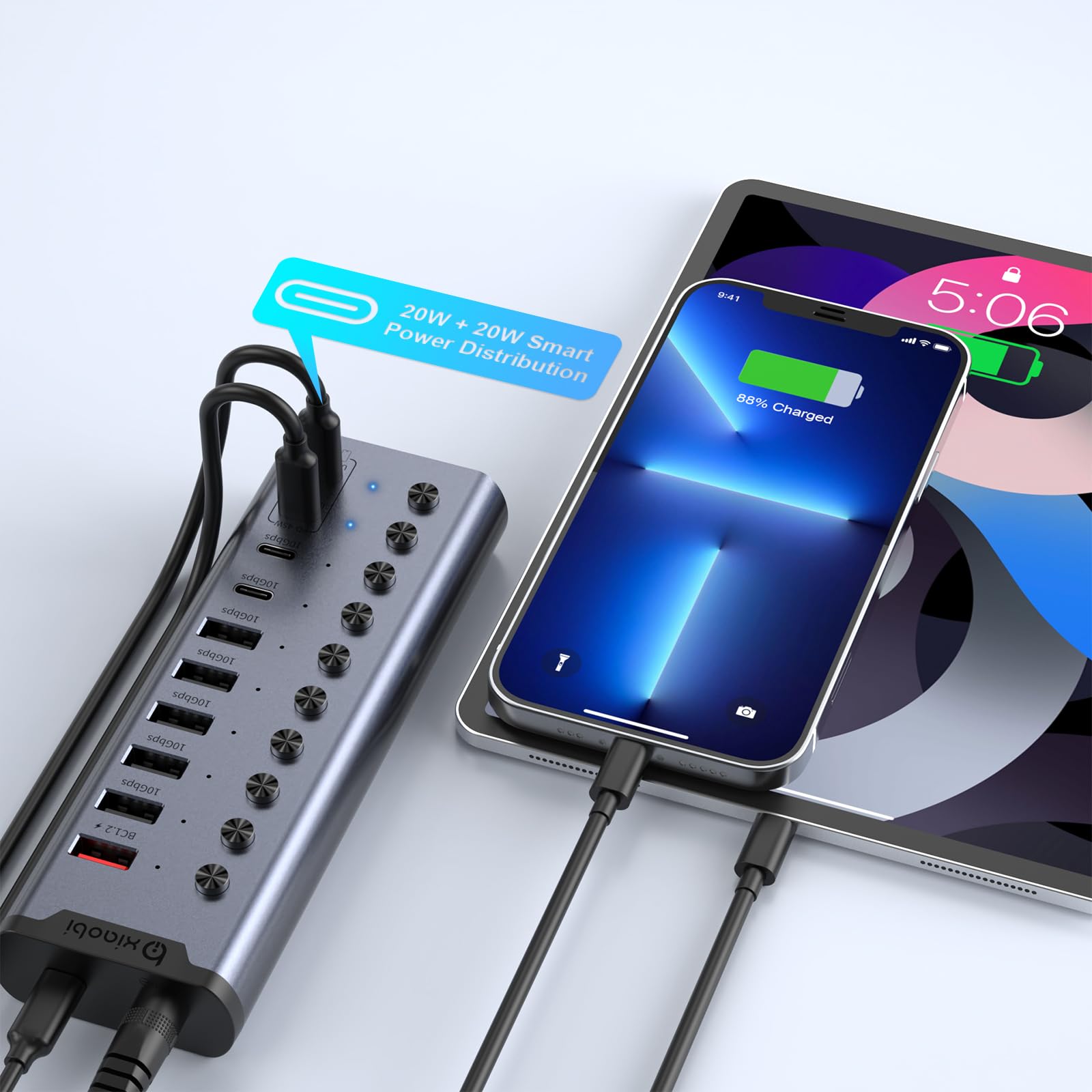 Hub USB alimentato, hub USB C a 10 porte con 6 porte USB-A 3.2, 4 porte USB-C 3.2, 2 porte di ricarica PD 45 W interruttori individuali e adattatore di alimentazione 24V/3A, estensione USB per MacBook